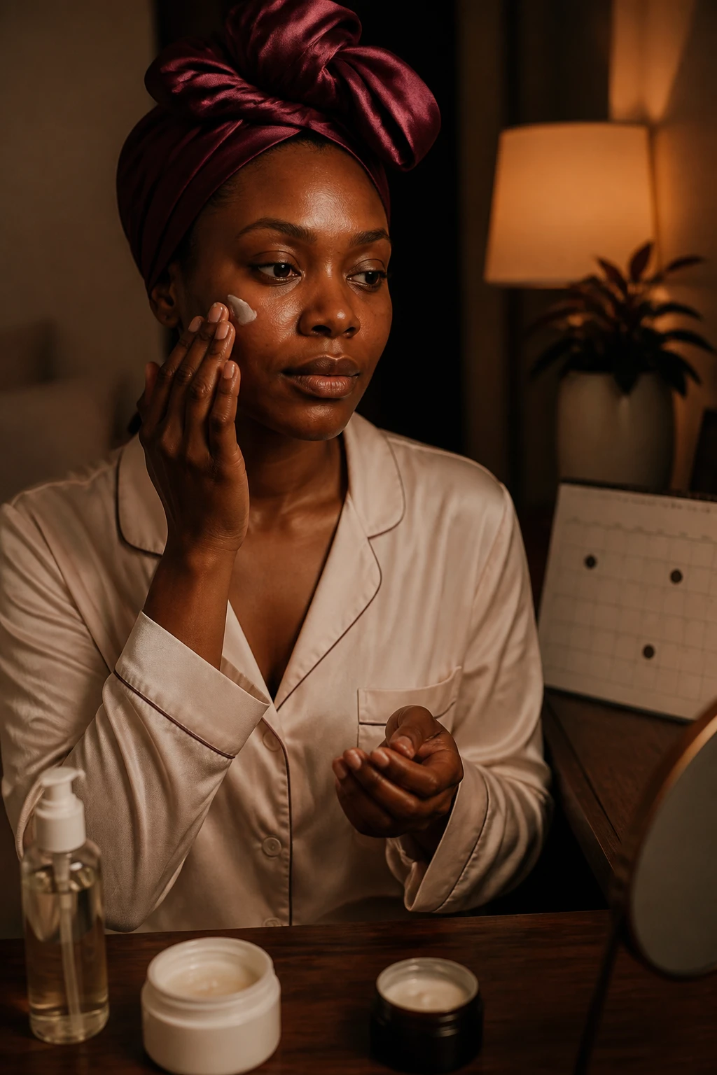 Image Prompt: A cinematic nighttime beauty photograph of a Black woman with deep brown skin applying a pea-sized amount of retinoid cream to clean, completely dry skin, natural hair wrapped in a plum satin scarf, cream pajamas, gentle cleanser and rich moisturizer arranged on a walnut vanity, a simple weekly calendar implying spaced treatment nights, warm amber table lamp, realistic pores and minor facial texture, calm skincare editorial composition, 85mm lens, no product labels, no readable text.