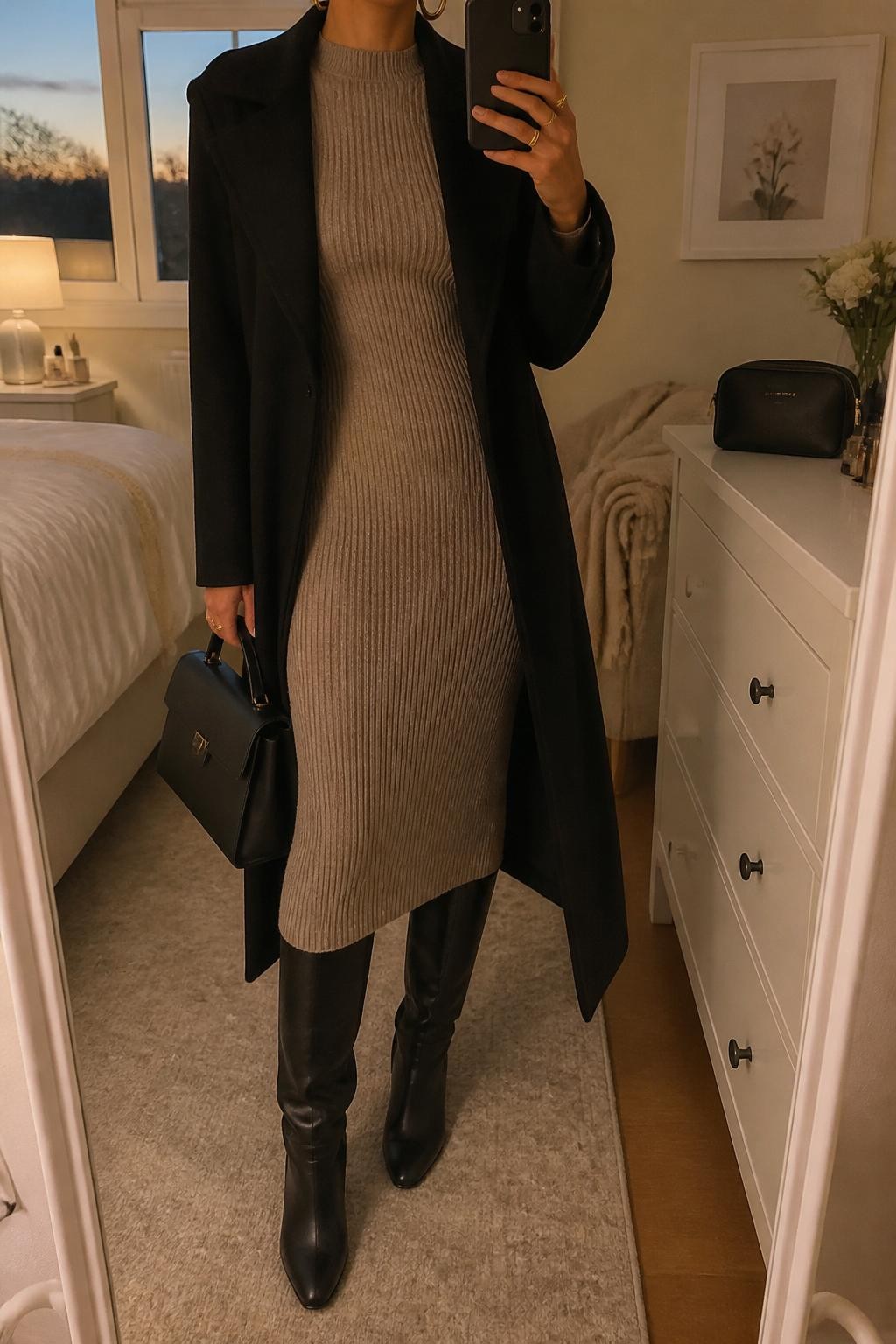mirror selfie of a woman wearing a taupe ribbed knit midi dress, long black wool coat, black leather knee-high boots, gold hoop earrings, and a structured black handbag, clearly showing the same clothing items, colors, fabrics, and accessories listed in the Outfit Pieces section, holding a phone in front of a mirror, cropped at NECK so the face does not show, with a relaxed casual selfie pose, in a feminine-themed bedroom, evening golden hour, including a folded blanket on a chair and a cosmetic bag on the counter, latest iPhone photo quality.