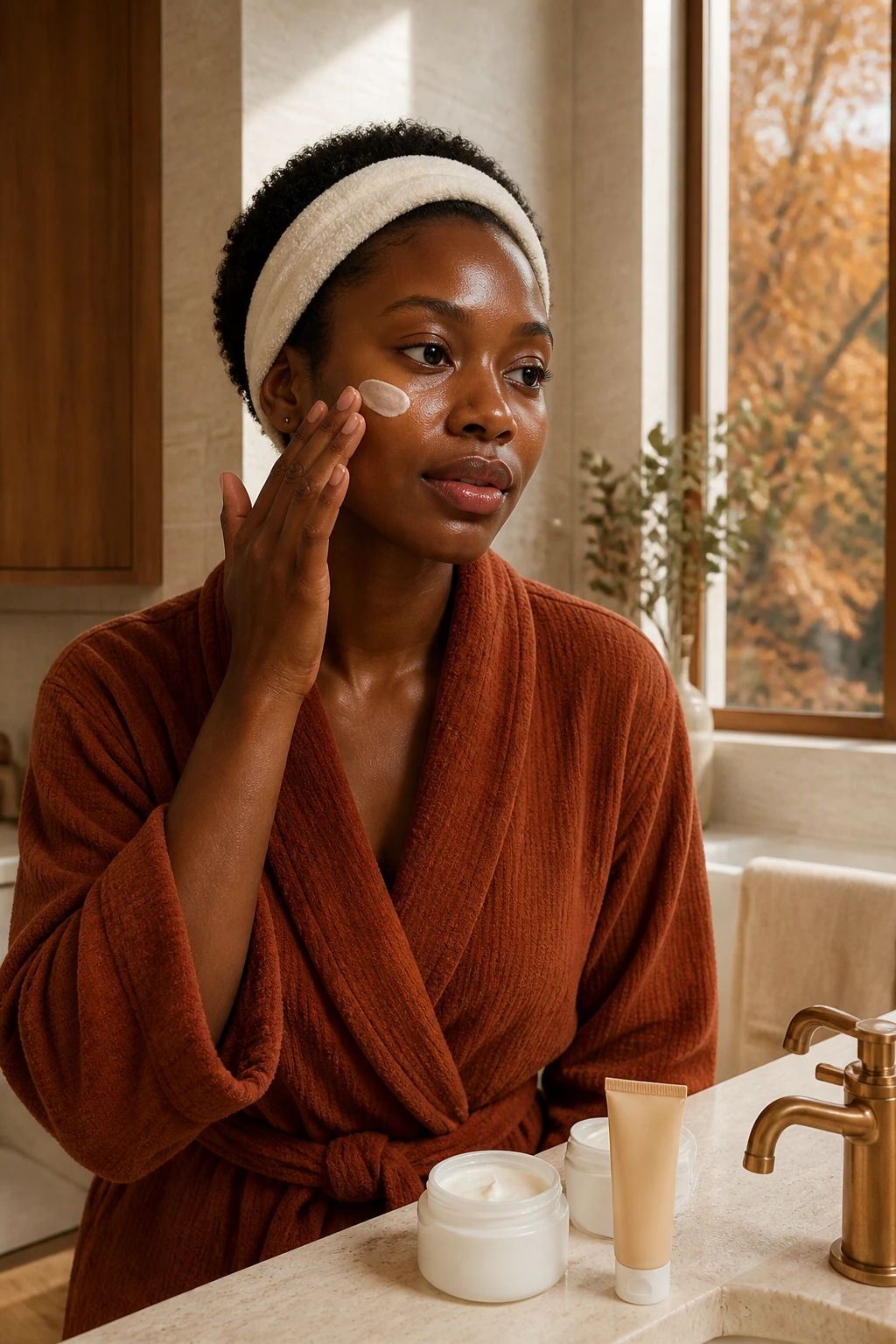 Image Prompt: A realistic DSLR beauty photograph of a Black woman with rich deep-brown skin applying a creamy barrier-supporting moisturizer to slightly damp cheeks in a softly lit fall bathroom, natural bare skin with visible pores and a comfortable satin finish, short natural curls held back with a wide cream fabric headband, woman wearing a plush rust-colored robe, plain unbranded moisturizer jar, gentle cleanser, and tinted sunscreen arranged on a pale travertine vanity, warm morning sunlight, copper trees visible through the window, cream tiles and walnut cabinetry, realistic cream, skin, hair, and fabric textures, premium skincare editorial photography, 85mm lens, no excessive retouching, no logos, no text.