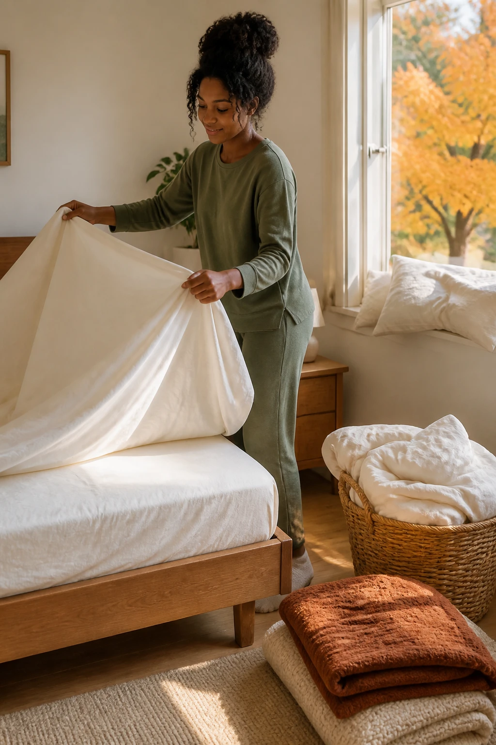 Image Prompt: A bright realistic interior photograph of a Black woman with deep brown skin refreshing her bedroom on a fall Sunday, spreading crisp cream sheets across a wooden bed while used bedding waits in a woven laundry basket, wearing soft olive lounge clothes with natural curls tied into a loose bun, pillows airing near an open window, rust and oatmeal blankets folded neatly, warm autumn sunlight entering the room, a small plant and simple bedside lamp nearby, realistic fabric folds and lived-in details, clean but not overly staged environment, premium DSLR home lifestyle photography, 35mm lens, no visible brands, no text.