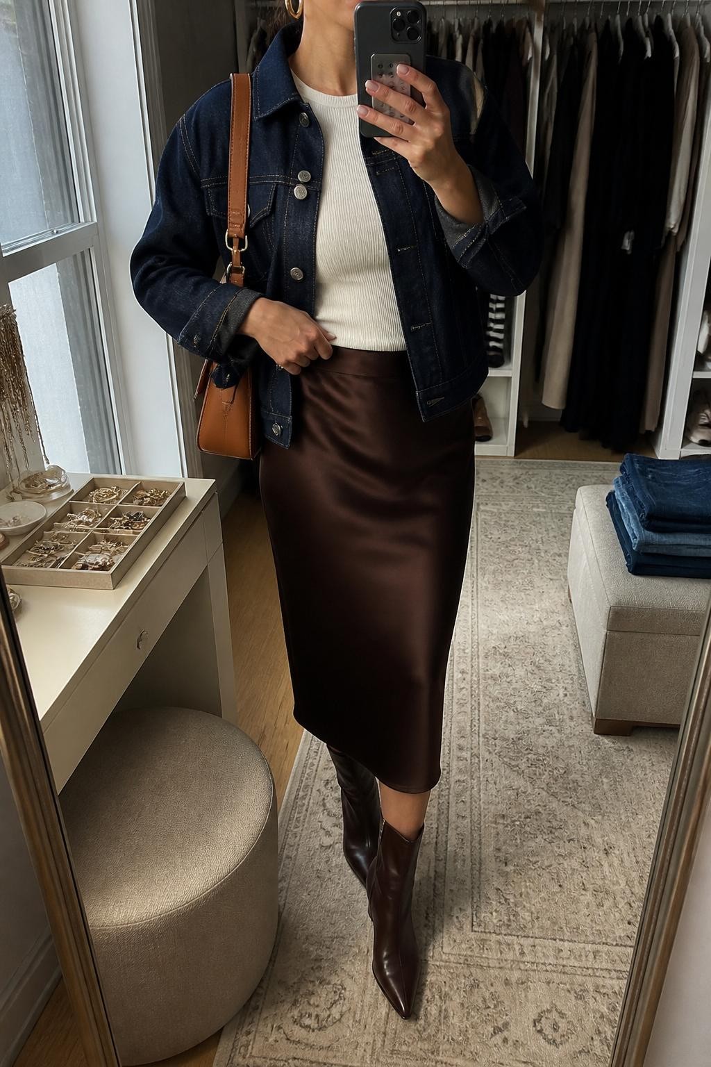 mirror selfie of a woman wearing the exact outfit described above, clearly showing a dark indigo denim jacket layered over a fitted ivory ribbed top, chocolate brown satin midi skirt, brown pointed ankle boots, a tan leather shoulder bag, and gold hoop earrings, holding a phone in front of a mirror, cropped at NECK so the face does not show, with a relaxed casual selfie pose, in a walk-in closet mirror, natural window light, with a jewelry tray on the vanity and folded denim jeans on a bench, latest iPhone photo quality.