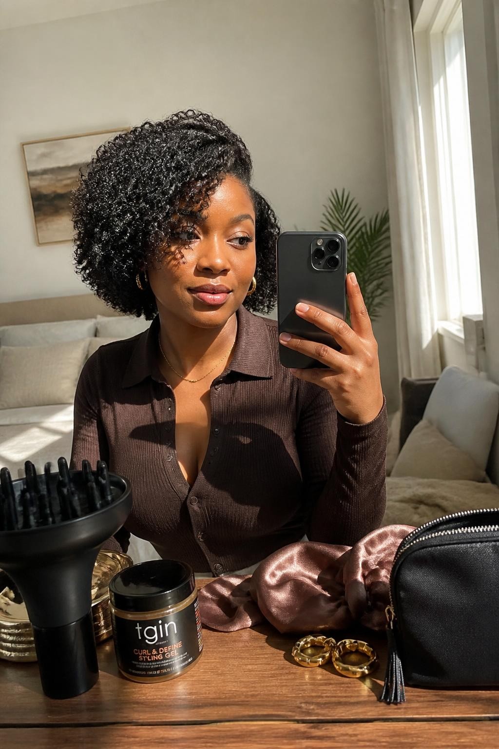 Photo of a Black woman wearing a short shoulder-skimming wash-and-go bob with springy defined curls, a deep side part, and rounded volume, candid mirror selfie in a sun-drenched bedroom, warm natural window light, diffuser and curl gel on the dresser, a satin scarf beside a makeup pouch and gold earrings peeking through the curls, realistic shrinkage and soft frizz, latest iPhone photo quality.