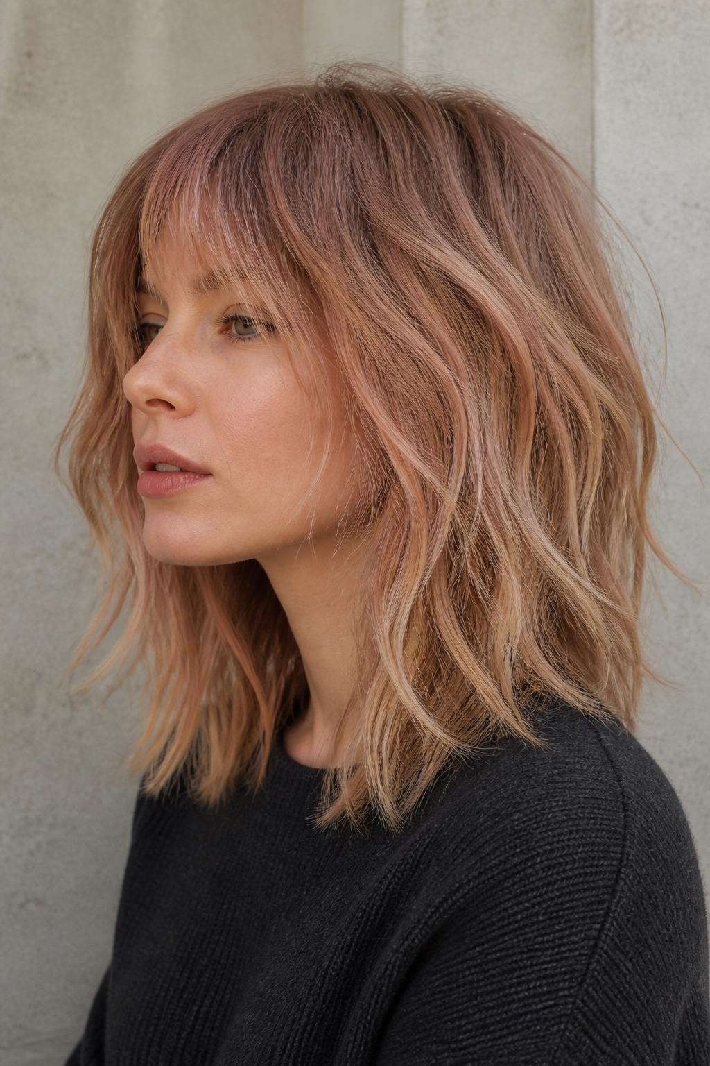 A realistic editorial portrait of a woman with fair neutral skin and a textured shoulder-length shag, smoked strawberry blonde hair color, cool taupe-brown shadow roots, muted strawberry-beige mid-lengths, dusty peach and soft copper ribbons through the shaggy layers, pale smoky-blonde tips, fine mushroom-beige lowlights underneath, wispy fringe, loose undone bends, no vivid red or bright golden sections, charcoal knit top, pale concrete wall, soft diffused light, realistic flyaways and matte-satin texture.