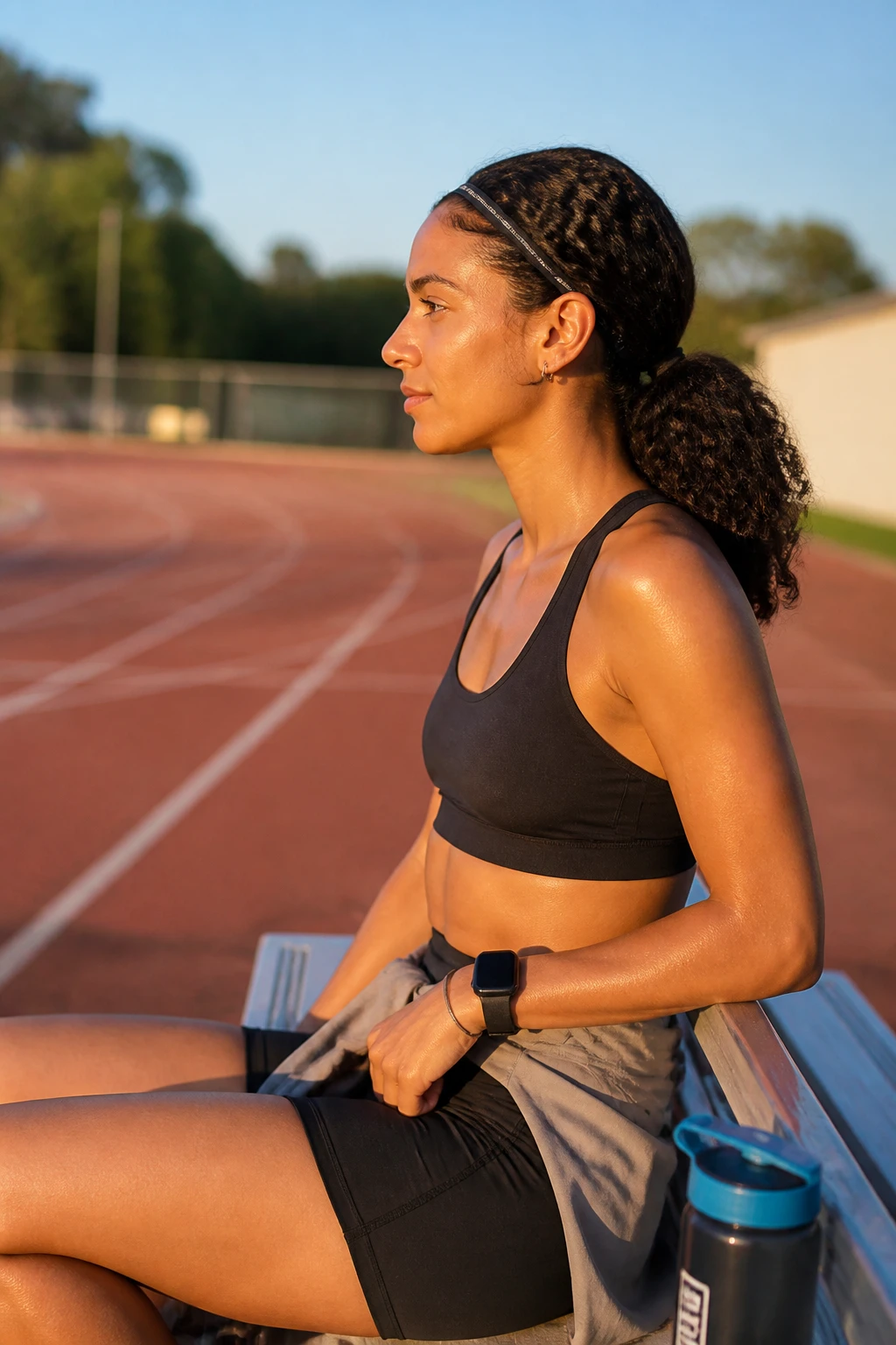 Image prompt
Photo of a woman wearing a low curly ponytail with a clean middle part and a slim moisture-wicking sports headband holding back the hairline, side profile view beside a softly blurred outdoor running track, golden hour light, containing a small lived-in detail such as a fitness watch on her wrist, a water bottle near the bench, and a light jacket tied around her waist, realistic candid athletic photograph, latest iPhone photo quality.
