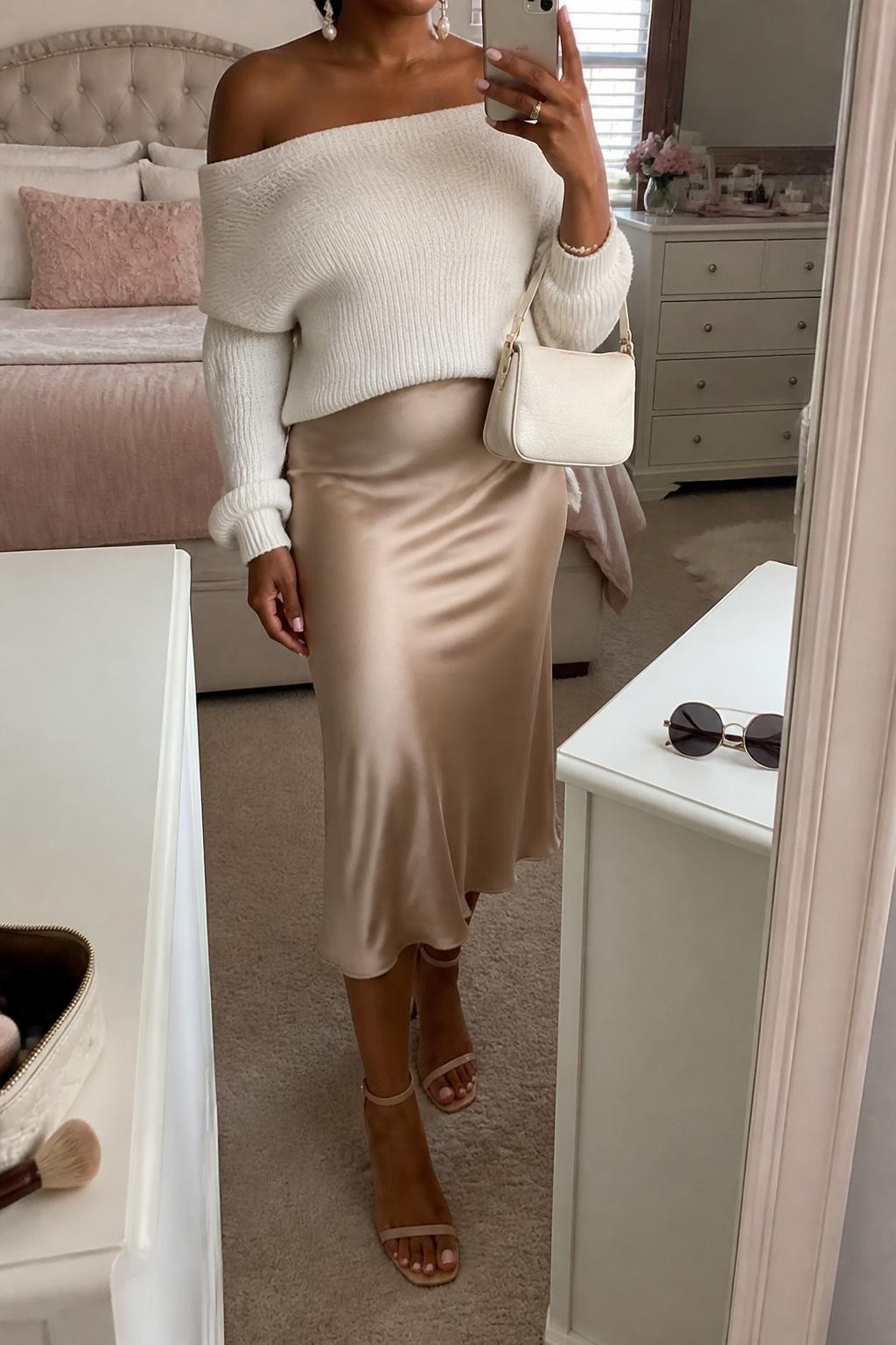 mirror selfie of a Black woman wearing the exact outfit described above, clearly showing an ivory off-shoulder knit sweater, champagne satin midi skirt, nude strappy heels, pearl earrings, and a cream mini bag, holding a phone in front of a mirror, cropped at NECK so the face does not show, with a relaxed casual selfie pose, in a feminine-themed bedroom, natural window light, with a makeup brush or cosmetic bag on the counter and sunglasses placed on a dresser, latest iPhone photo quality.