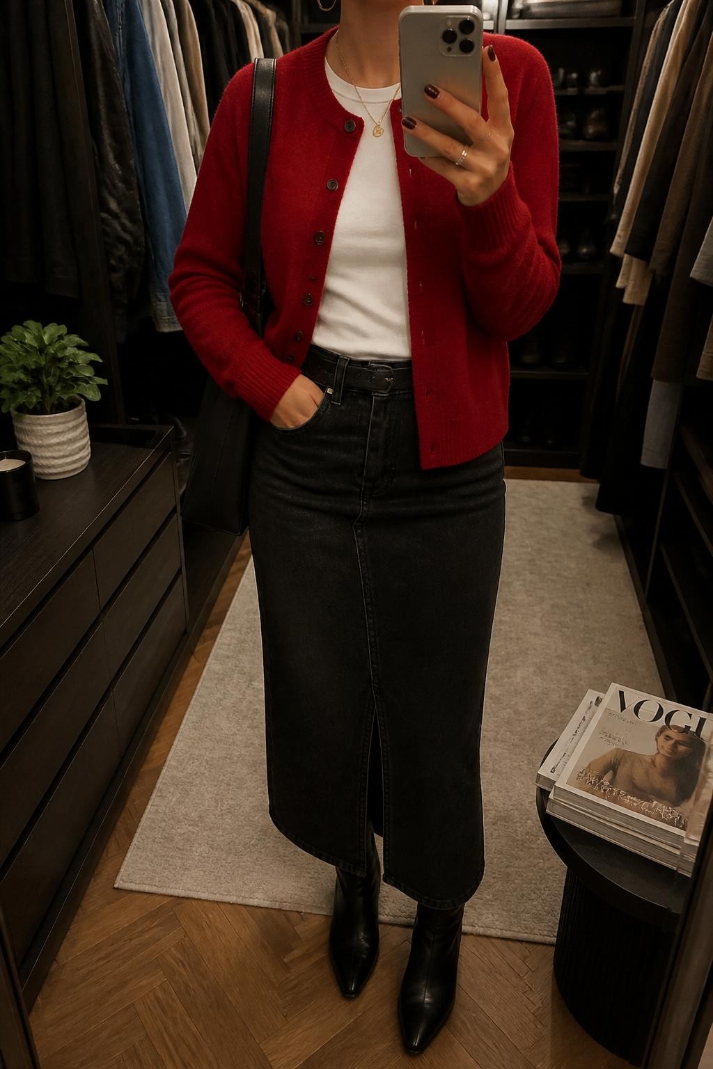 mirror selfie of a woman wearing a red button-front cardigan over a white fitted tee, black denim midi skirt, black ankle boots, gold hoop earrings, and a black shoulder bag, clearly showing the same clothing items, colors, fabrics, and accessories listed in the Outfit Pieces section, holding a phone in front of a mirror, cropped at NECK so the face does not show, with a relaxed casual selfie pose, in a walk-in closet mirror, warm moody lighting, including a small plant on a dresser and a stack of fashion magazines on a side table, latest iPhone photo quality.
