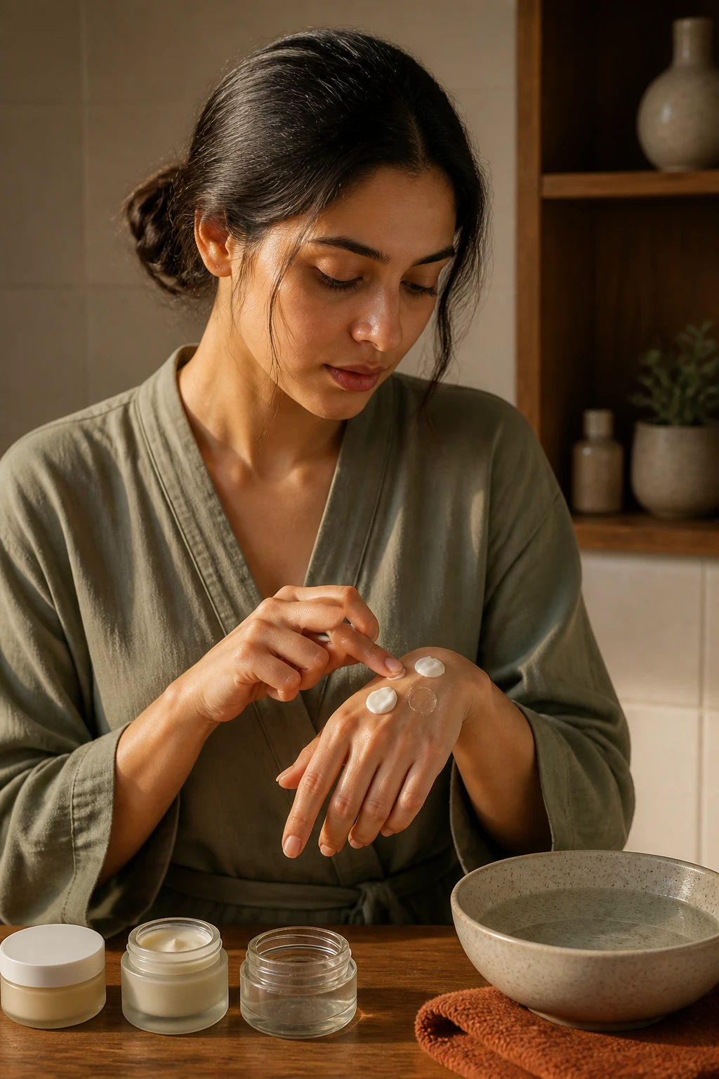 Image Prompt: A detailed skincare editorial photograph of a South Asian woman comparing moisturizer textures on the back of her hand, a lightweight lotion beside a richer cream and clear ointment, long dark hair in a relaxed low bun, natural bare skin, soft olive robe, unbranded containers arranged with a ceramic water bowl and folded rust hand towel, warm golden afternoon light, walnut bathroom shelf and cream wall tiles, realistic cream and skin textures, DSLR beauty photography, 85mm lens, no visible branding, no text.
