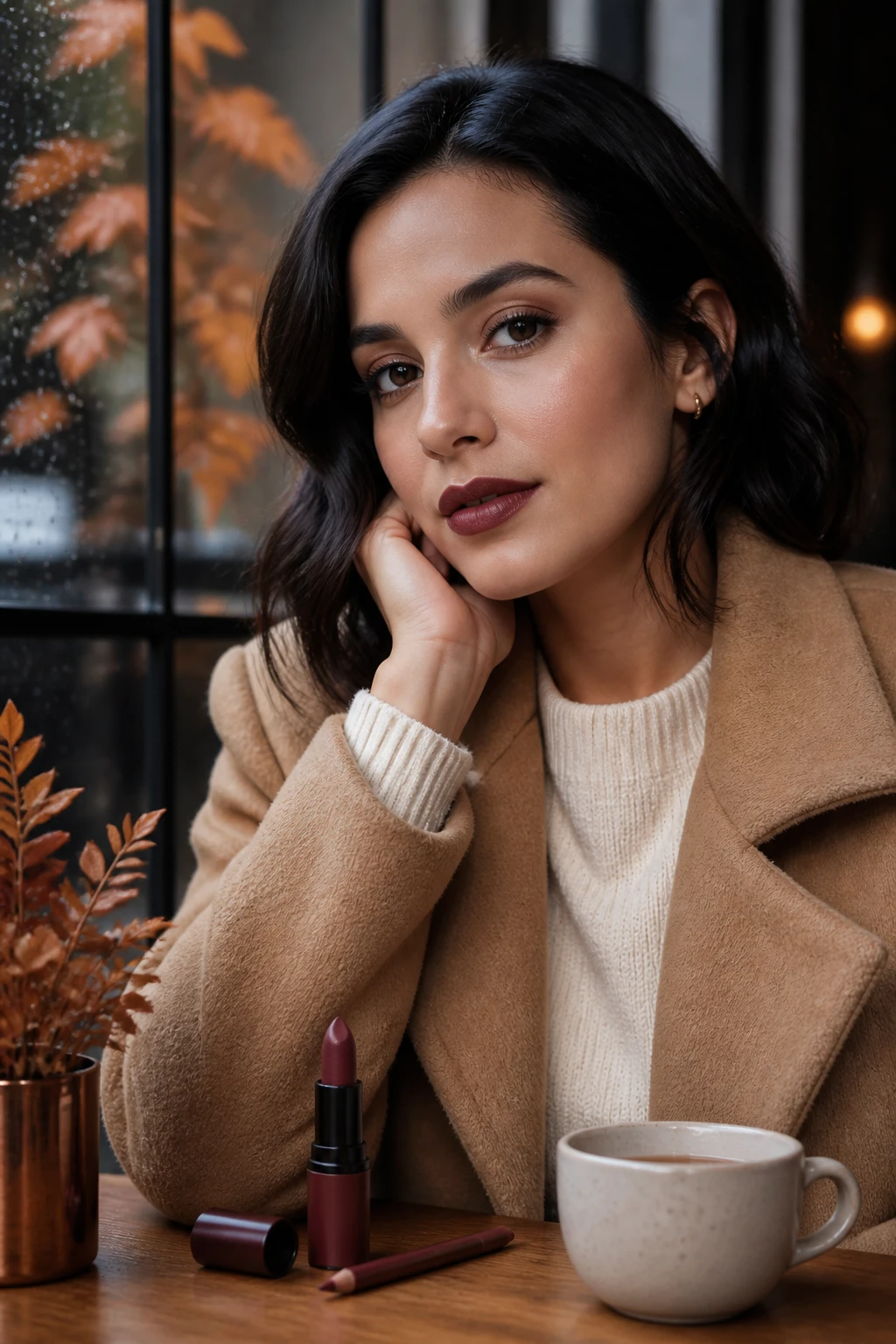 Image Prompt: A realistic editorial beauty portrait of a woman wearing a rich berry-brown satin lip color during fall, lip shade balanced between deep rose, cocoa, and muted plum, softly defined brown eyes, subtle cream blush, and natural luminous skin, dark shoulder-length waves tucked behind one ear, woman wearing a camel coat over a cream knit top, matching lip pencil and lipstick on a wooden café table beside a warm drink, rainy window and copper leaves in the background, realistic lip texture and precise edges, DSLR beauty photography, 85mm lens, no logos, no text.
