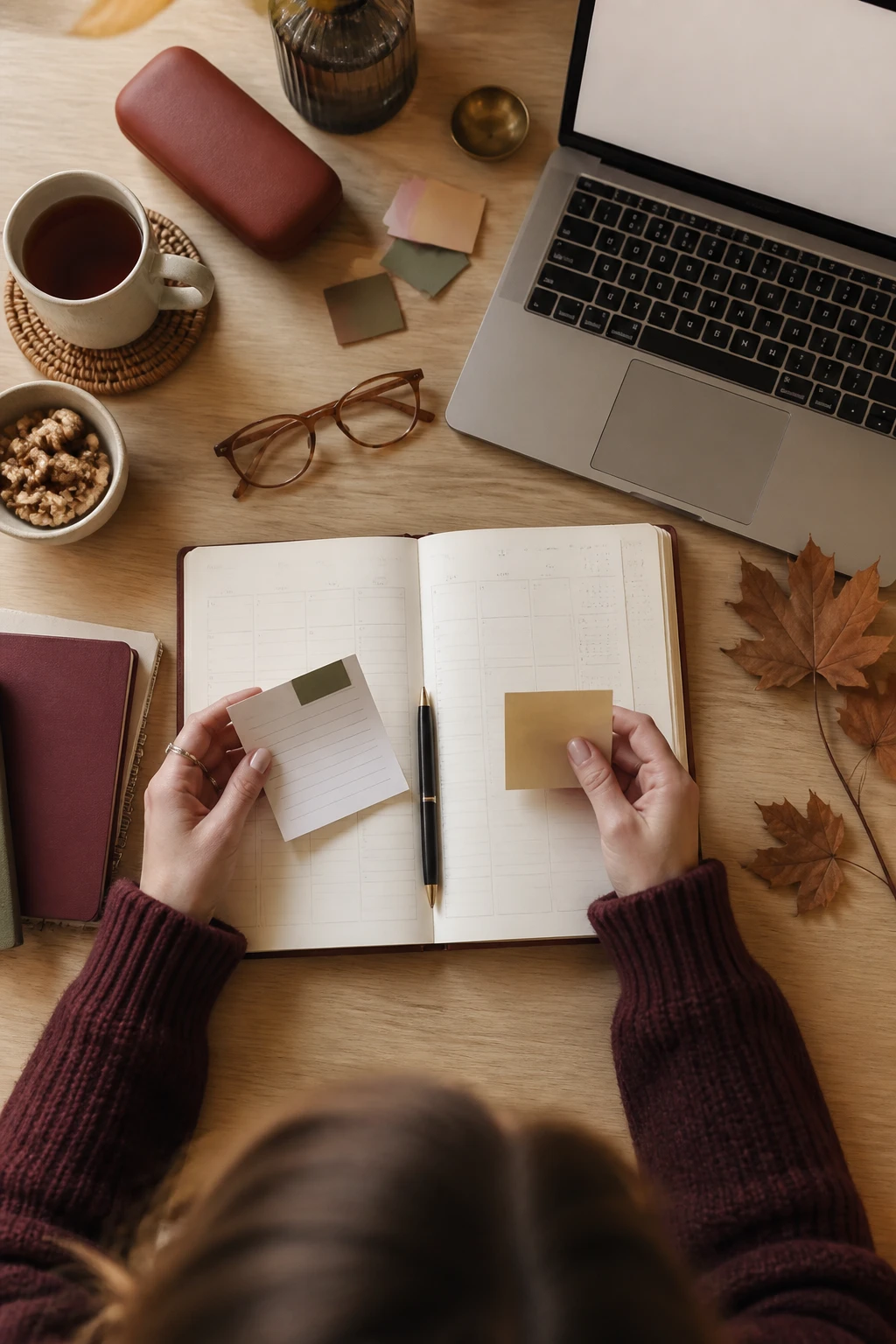 Image Prompt: A polished overhead DSLR photograph of a fall weekly planning session on a light wooden desk, open paper planner showing a neat but unreadable weekly layout, pen, laptop with blank softly glowing screen, ceramic cup of tea, small bowl of walnuts, rust-colored reading glasses case and one dried maple branch, woman’s hands reviewing appointment cards and sticky notes, warm natural window light, muted burgundy, cream, brown and olive palette, realistic paper and wood textures, editorial productivity flat lay, 50mm lens, no readable personal information, no text overlay.