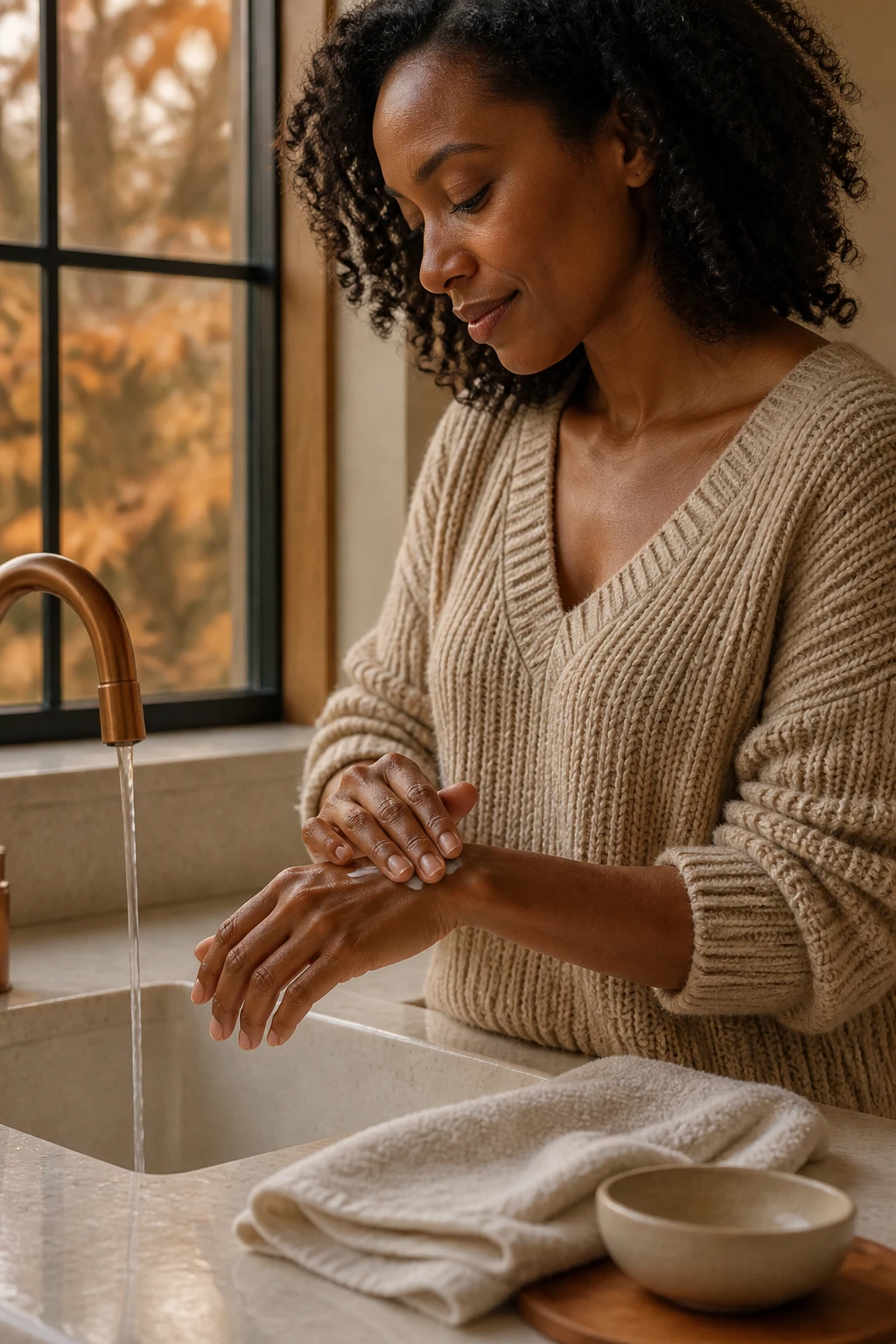 Image Prompt: A realistic lifestyle beauty photograph of a Black woman with warm brown skin applying hand cream beside a kitchen sink after washing, short natural nails with neat cuticles, oatmeal sweater sleeves pushed back, fragrance-free hand cream, gentle soap, and clean cotton towel arranged on a cream stone counter, copper leaves visible outside the window, warm late-afternoon light, detailed water droplets, skin, and knit texture, editorial DSLR photography, 85mm lens, no labels, no text.