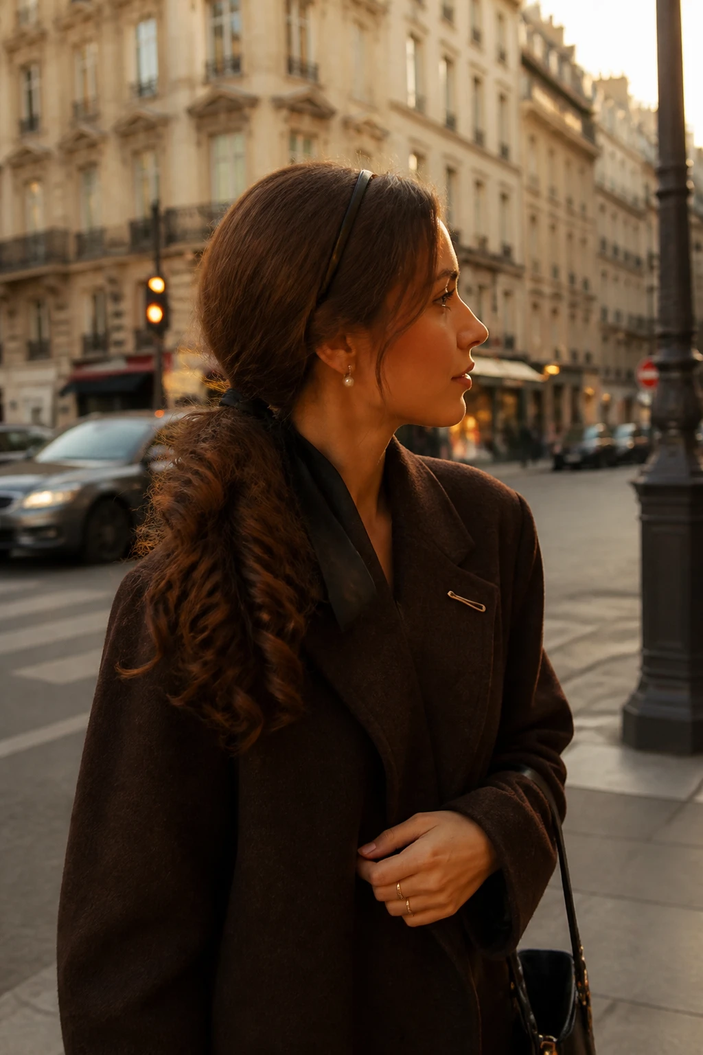 Image prompt

Photo of a woman wearing a low side curly ponytail resting over one shoulder with a narrow ribbon headband tied beneath the hair, side profile view against a softly blurred city street background, golden hour glow, containing a small lived-in detail such as pearl earrings, a slim hair clip attached to her coat collar, and a small handbag near her elbow, realistic candid photograph, latest iPhone photo quality.