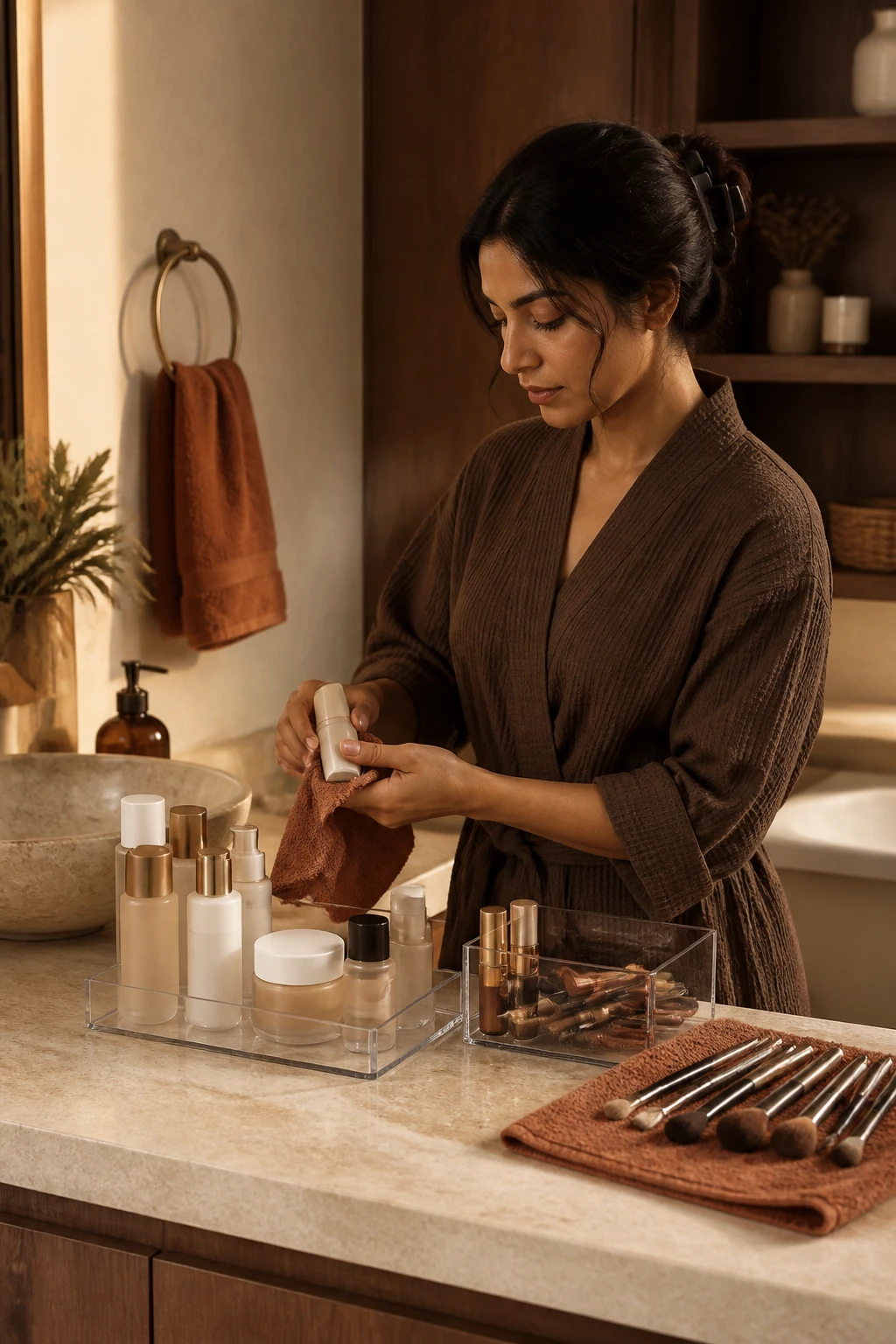 Image Prompt: A high-resolution beauty photograph of a South Asian woman organizing her skincare and makeup during a Sunday bathroom reset, standing at a cream stone vanity while wiping product containers and arranging a gentle cleanser, moisturizer, sunscreen, body cream and everyday makeup inside clear trays, used makeup brushes placed on a clean towel ready to be washed, woman wearing a soft chocolate-brown robe with dark hair clipped back, realistic skin texture, warm side lighting, walnut cabinet and muted terracotta towels, clean premium beauty editorial photography, 50mm lens, no visible product labels, no text.