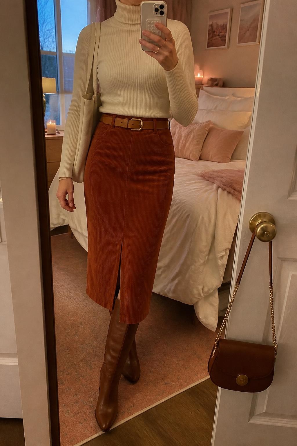 mirror selfie of a woman wearing a cream fitted turtleneck tucked into a rust corduroy midi skirt, brown knee-high boots, tan belt, and a cream tote bag, clearly showing the same clothing items, colors, fabrics, and accessories listed in the Outfit Pieces section, holding a phone in front of a mirror, cropped at NECK so the face does not show, with a relaxed casual selfie pose, in a feminine-themed bedroom, evening golden hour, including a handbag hanging on a door handle and soft pillows on an unmade bed, latest iPhone photo quality.