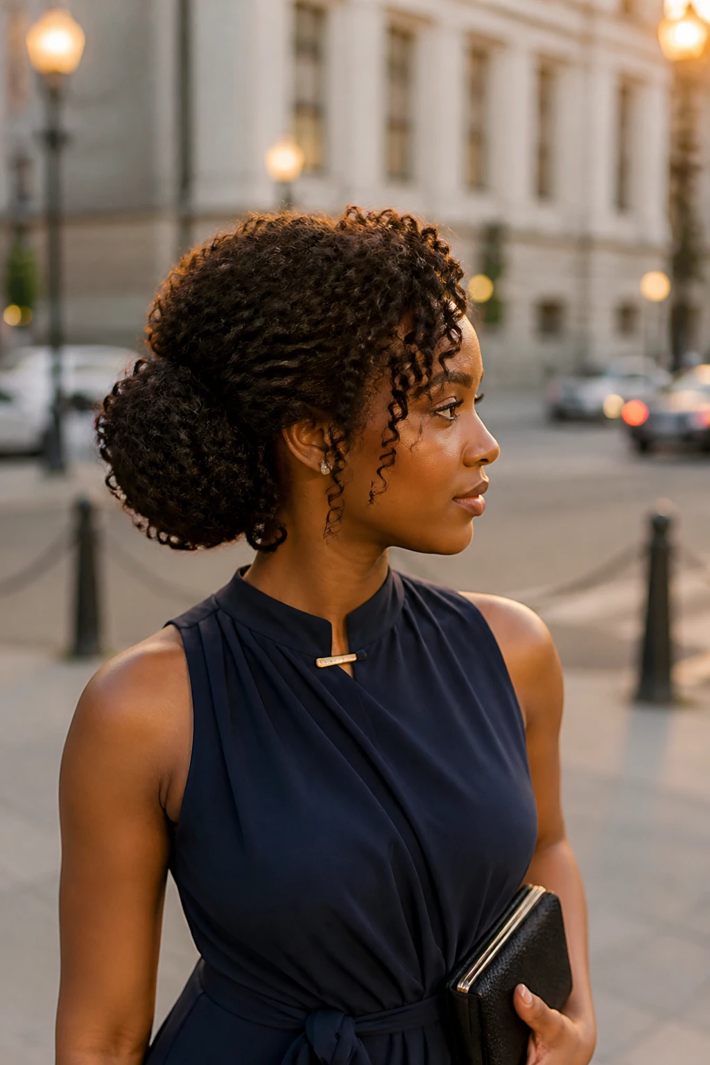 Image prompt

Photo of a Black woman wearing a side-swept 4A curly updo with dense coils pinned into a soft low shape behind one ear, gentle crown volume, and two defined curls framing the face, side profile view against a softly blurred city street background, golden hour glow, containing a small lived-in detail such as pearl earrings peeking through, a slim hair clip attached to her dress collar, and a small clutch held loosely in one hand, realistic candid photograph, latest iPhone photo quality.
