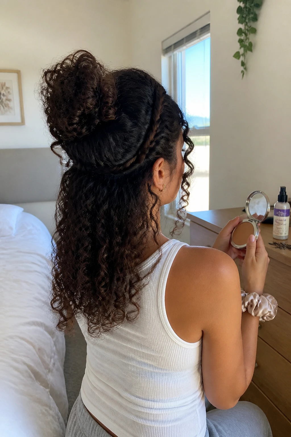 Image prompt

Photo of a Latina woman wearing a half-up curly bun with defined loose curls below and a braided faux-hair headband placed across the crown, back three-quarter view in a sun-drenched bedroom, natural window light, containing a small lived-in detail such as bobby pins on the dresser, a curl refresher spray nearby, and a silk scrunchie on her wrist, realistic getting-ready moment, latest iPhone photo quality.