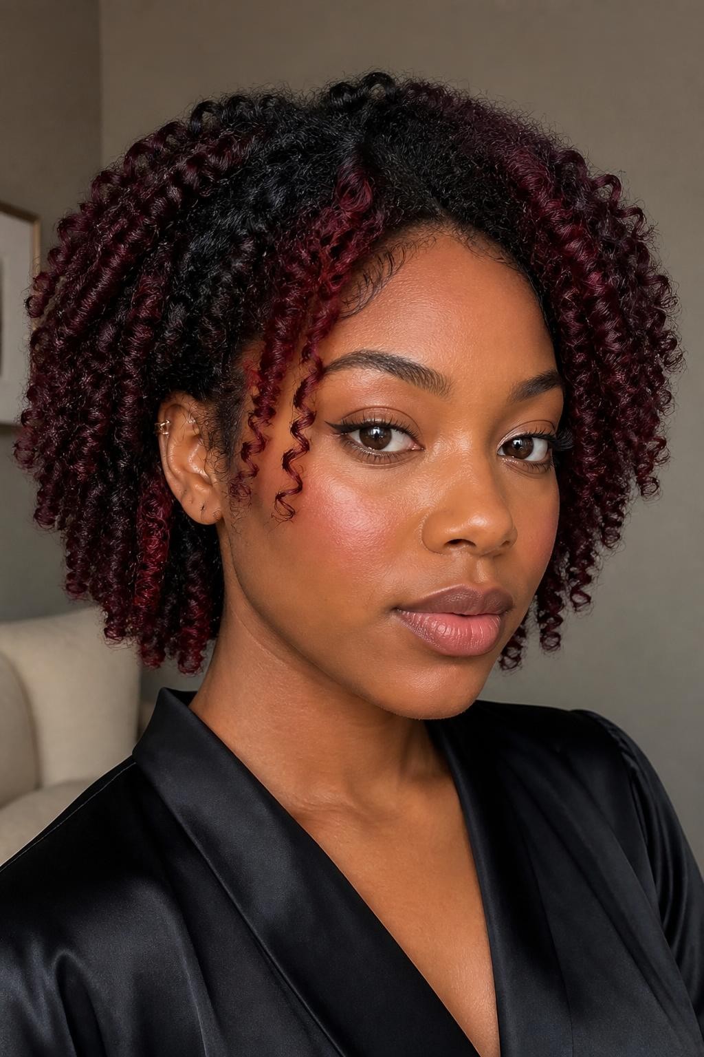 A realistic close-up portrait of a Black woman with warm medium-dark skin and rounded collarbone-length coils, deep chocolate-brown base with a black cherry halo, rich cranberry-red, dark cherry, and muted merlot tones placed around the complete front hairline, temples, outer face-framing coils, and a narrow nape section, natural dark roots retained inside the halo, inner coils untouched, berry tones visible mainly under direct light, defined texture with soft frizz, black satin blouse, gold ear cuff, warm taupe wall, gentle directional light, precise halo placement, realistic skin and curl detail.