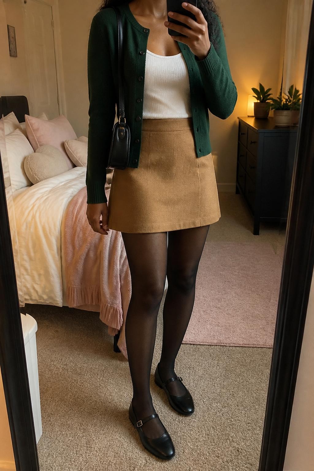 mirror selfie of a Black woman wearing a forest green fitted button-front cardigan, white ribbed scoop-neck top, camel wool A-line mini skirt, sheer black tights, black leather Mary Jane shoes, and a small black shoulder bag, clearly showing the same clothing items, colors, fabrics, footwear, and accessories listed in the Outfit Pieces section, holding a phone in front of a mirror, cropped at NECK so the face does not show, with a relaxed casual selfie pose, in a feminine-themed bedroom, evening golden hour, including soft pillows on an unmade bed and a small plant on a dresser, latest iPhone photo quality.