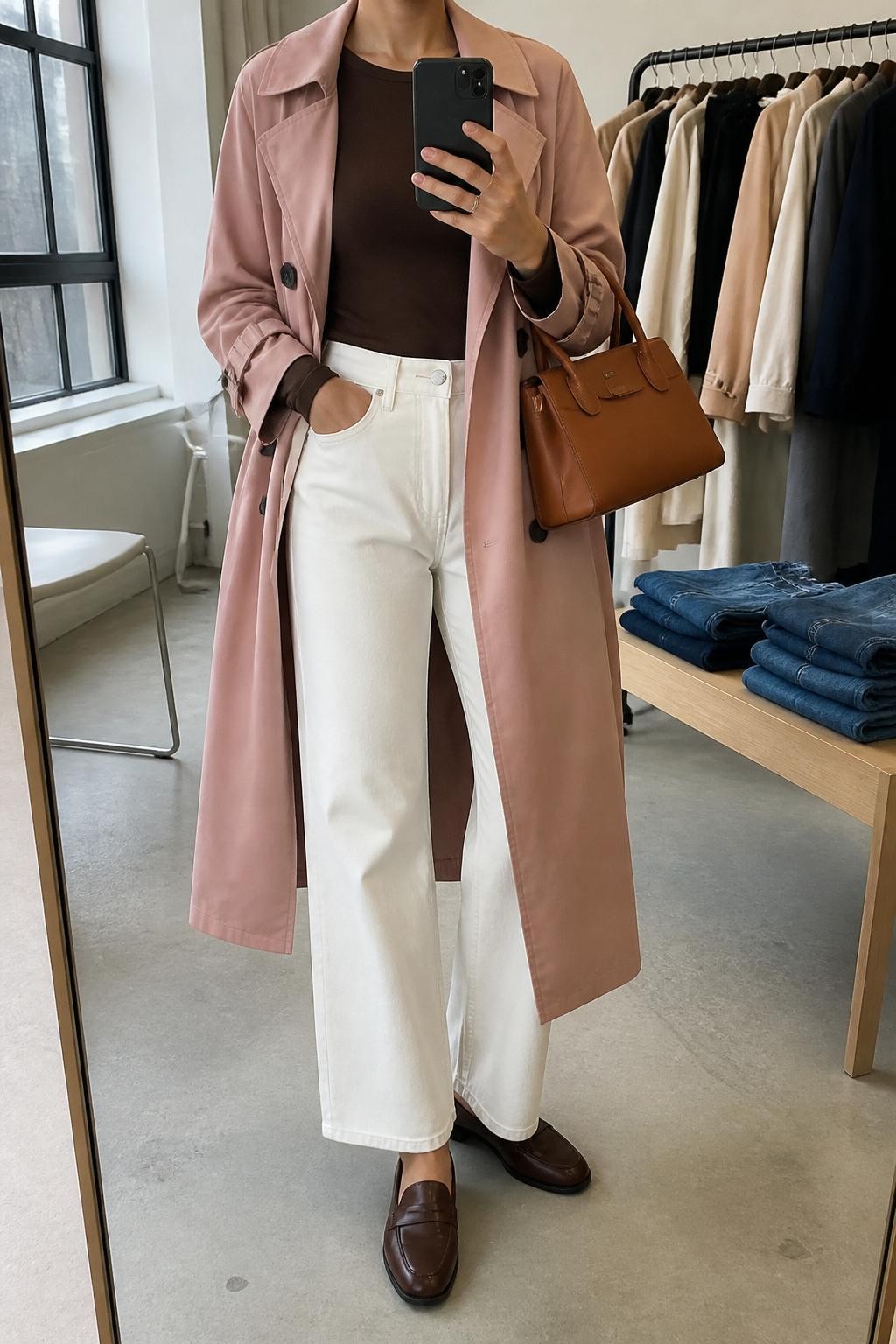 mirror selfie of a woman wearing a rose pink lightweight trench coat over a fitted chocolate brown long-sleeve top, white high-waisted wide-leg jeans, brown leather loafers, and a structured cognac handbag, clearly showing the same clothing items, colors, fabrics, and accessories listed in the Outfit Pieces section, holding a phone in front of a mirror, cropped at NECK so the face does not show, with a relaxed casual selfie pose, in a fashion studio mirror corner, natural window light, including a clothing rack with garments behind and folded denim jeans on a bench, latest iPhone photo quality.