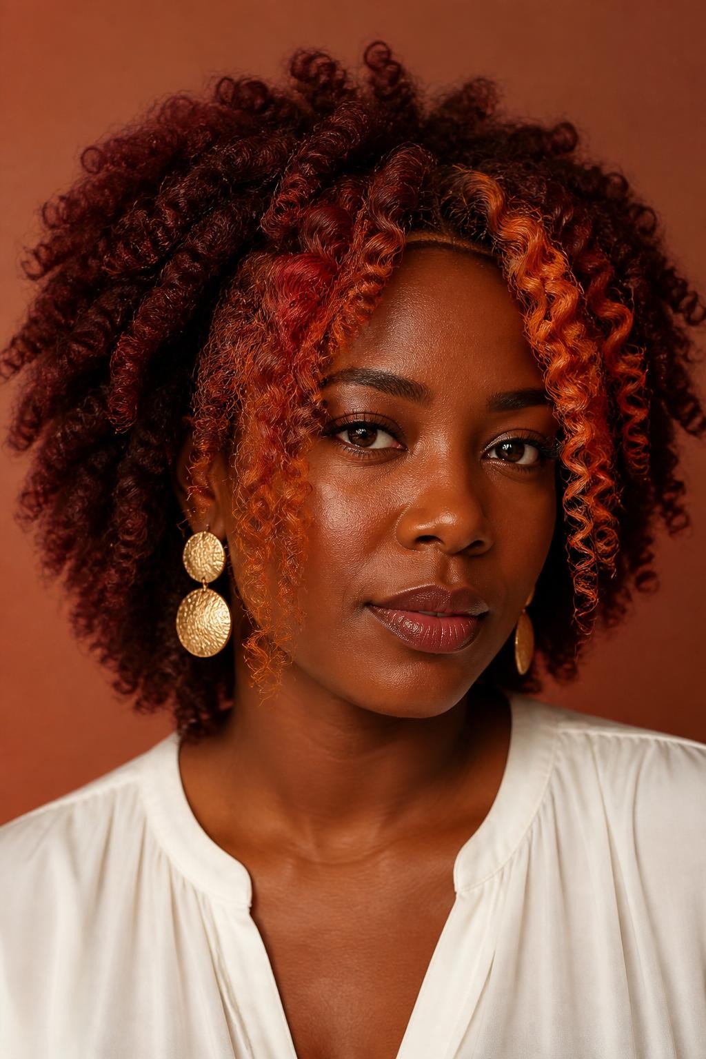 A realistic close-up portrait of a Black woman with deep brown skin and full rounded coils, rich dark auburn base with a fire opal face frame, vivid but refined coral-copper, golden persimmon, red-orange, and amber tones painted onto curls surrounding the forehead, temples, and cheekbones, natural dark roots blended into each bright section, inner coils and back remaining deep auburn, brighter ends on two front tendrils, no fluorescent orange coating, cream blouse, gold statement earrings, muted terracotta background, controlled window light, realistic coil pattern and precise multidimensional color placement.