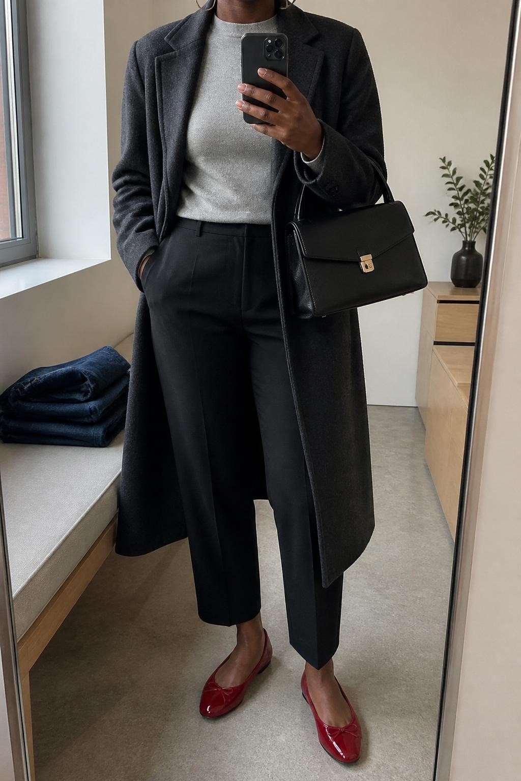 mirror selfie of a Black woman wearing the exact outfit described above, clearly showing a charcoal long coat layered over a soft gray fitted sweater, black cropped straight-leg trousers, red ballet flats, a black leather top-handle bag, and silver hoop earrings, holding a phone in front of a mirror, cropped at NECK so the face does not show, with a relaxed casual selfie pose, in a minimal dressing room, natural window light, with folded denim jeans on a bench and a small plant on a dresser, latest iPhone photo quality.