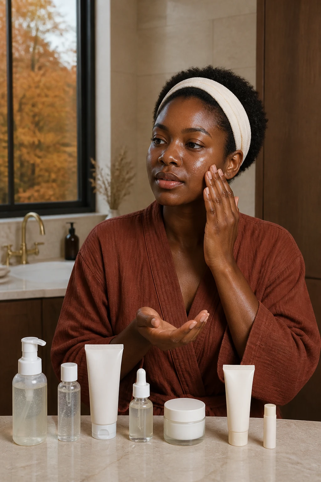 Image Prompt: A realistic DSLR beauty photograph of a Black woman with rich deep-brown skin completing a simple fall morning skincare routine in a softly lit modern bathroom, natural bare skin with visible pores and a mild realistic sheen across the forehead and nose, short natural curls held away from her face with a wide cream headband, woman wearing a muted rust robe while applying a lightweight gel moisturizer, gentle foaming cleanser, one clear treatment serum, water-based moisturizer, gel sunscreen, and lip balm arranged in the correct order on a pale stone vanity, copper trees visible through the window, warm diffused morning light, cream tiles and walnut cabinets, premium skincare editorial photography, 85mm lens, no airbrushed skin, no product branding, no text.