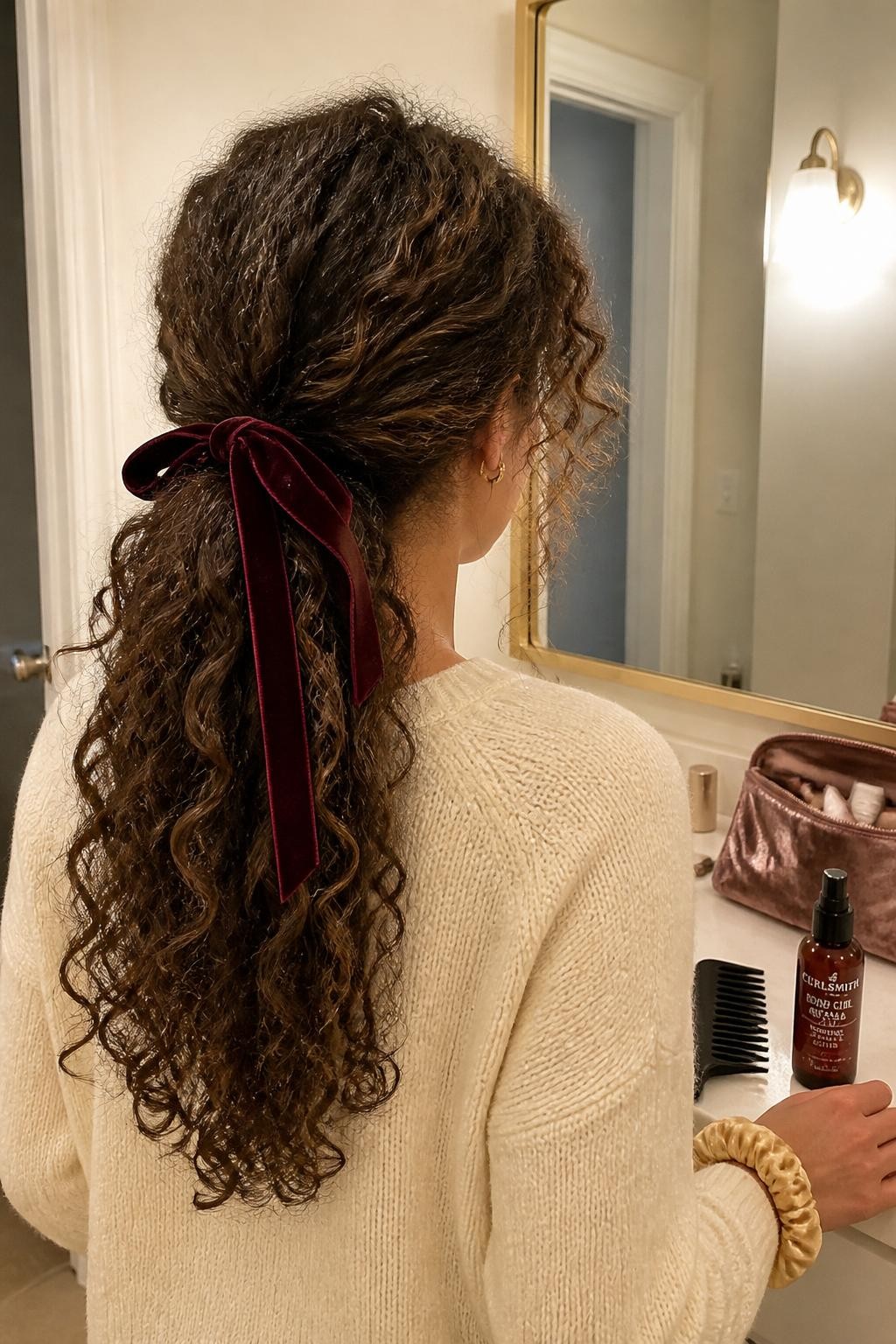 Photo of a woman wearing long naturally curly hair gathered into a relaxed low ponytail with soft crown volume, loose tendrils around the face, and a deep burgundy velvet ribbon tied around the base, back-of-head view beside a bathroom vanity mirror, warm soft indoor lighting, wide-tooth comb and curl refresher spray resting near an open makeup bag, cream knit sweater visible at the shoulders and a silk scrunchie around her wrist, realistic curl definition with light frizz, latest iPhone photo quality.