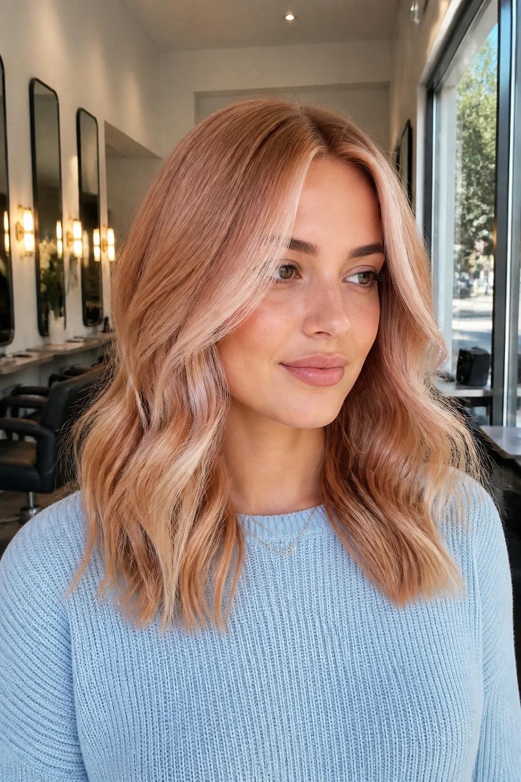 A realistic salon portrait of a woman with light-medium skin and shoulder-length softly waved hair, champagne strawberry blonde base, neutral champagne-beige roots, pale rosy-gold lengths, an ultra-fine translucent copper veil painted across the outermost layers, delicate cream-blonde face frame, subtle sandy lowlights beneath the surface, no yellow brassiness or vivid orange, soft center part, loose polished waves, pale blue knit top, bright salon window, realistic hair texture, gentle shine and smooth blended dimension.