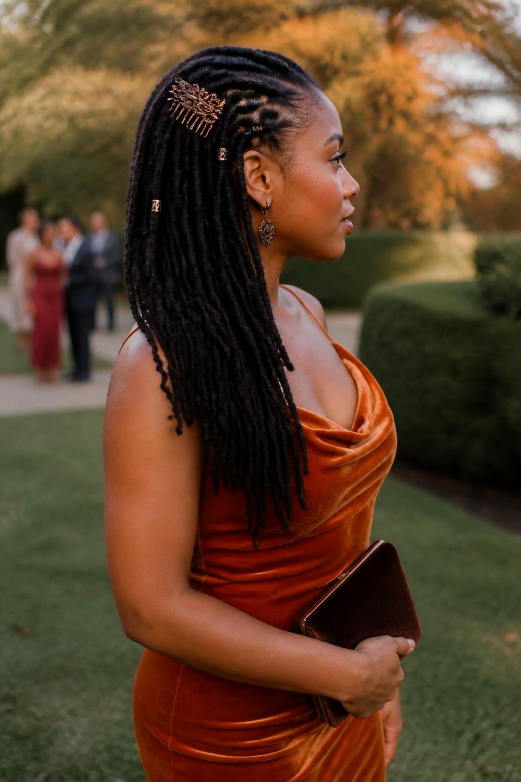 Photo of a Black woman wearing long soft locs swept over one shoulder, with several front locs twisted back and secured using copper cuffs and a small bronze comb, side-profile view in a softly blurred outdoor wedding venue with amber trees, golden hour light, velvet clutch held at her side and statement earrings peeking through, realistic loc texture and candid guest portrait, latest iPhone photo quality.