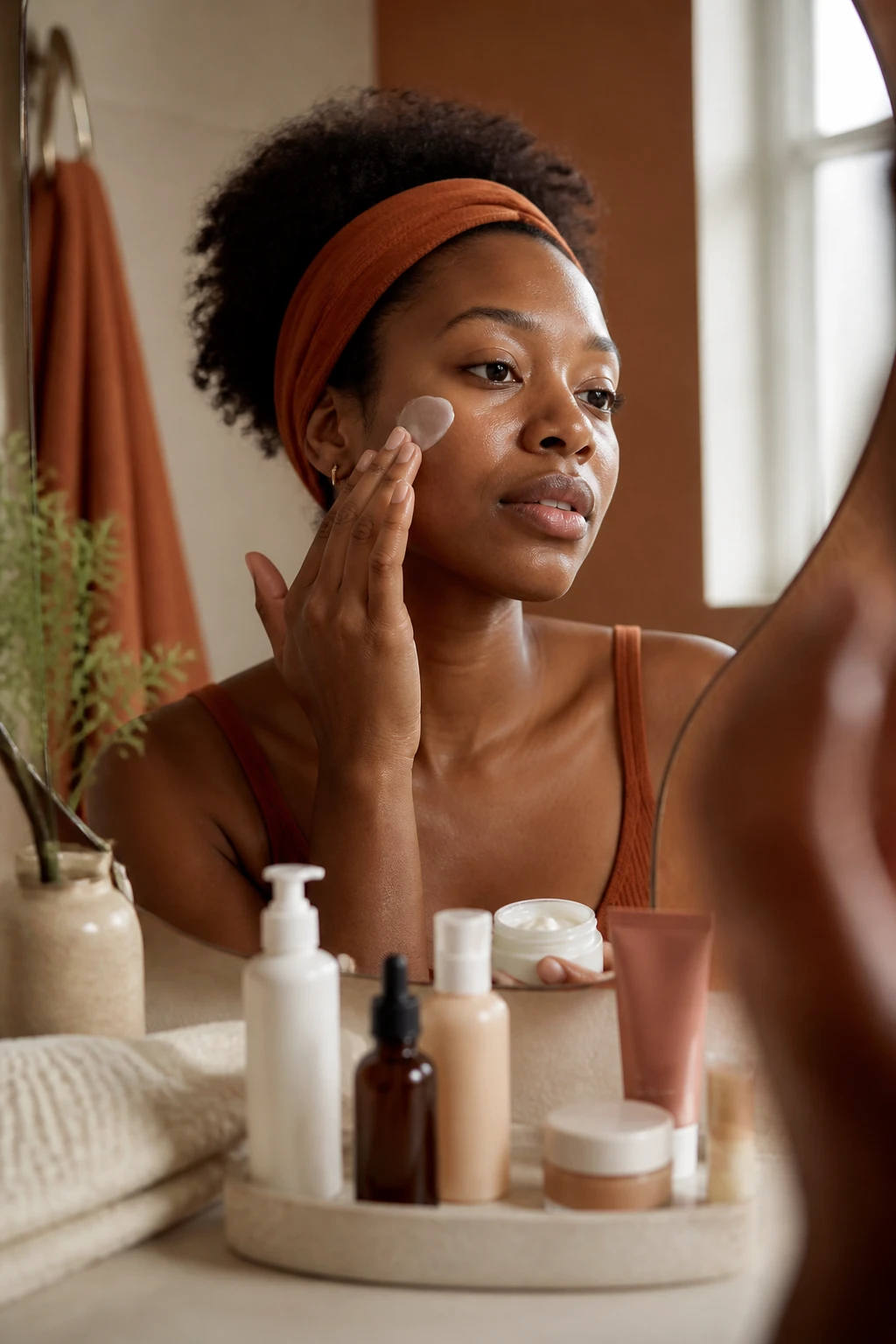 Image Prompt: A close-up realistic beauty photograph of a Black woman with rich deep-brown skin applying a creamy moisturizer to her cheek in front of a softly lit bathroom mirror, natural bare skin with visible pores and a healthy satin finish, hair secured with a wide terracotta headband, gentle cleanser, hydrating serum, facial cream, sunscreen and lip balm arranged neatly on a pale stone counter, folded cream towel and ceramic tray nearby, warm morning window light, muted rust and beige bathroom details, premium DSLR skincare campaign, 85mm lens, no excessive shine, no airbrushed skin, no product labels, no text.