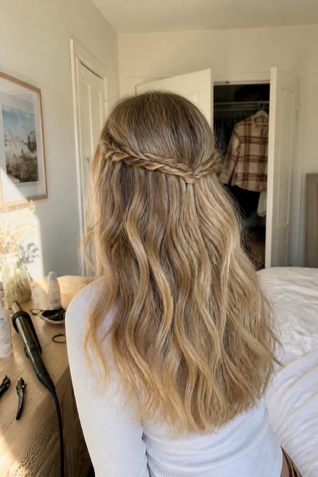 Image prompt: Photo of a woman wearing long loose waves with two small braids joined into a delicate half-up crown, back-of-head view highlighting the woven detail, sun-drenched bedroom, natural window light, a curling iron and sectioning clips on the dresser, slightly open closet behind her with a plaid coat visible, natural flyaways and realistic texture, latest iPhone photo quality.