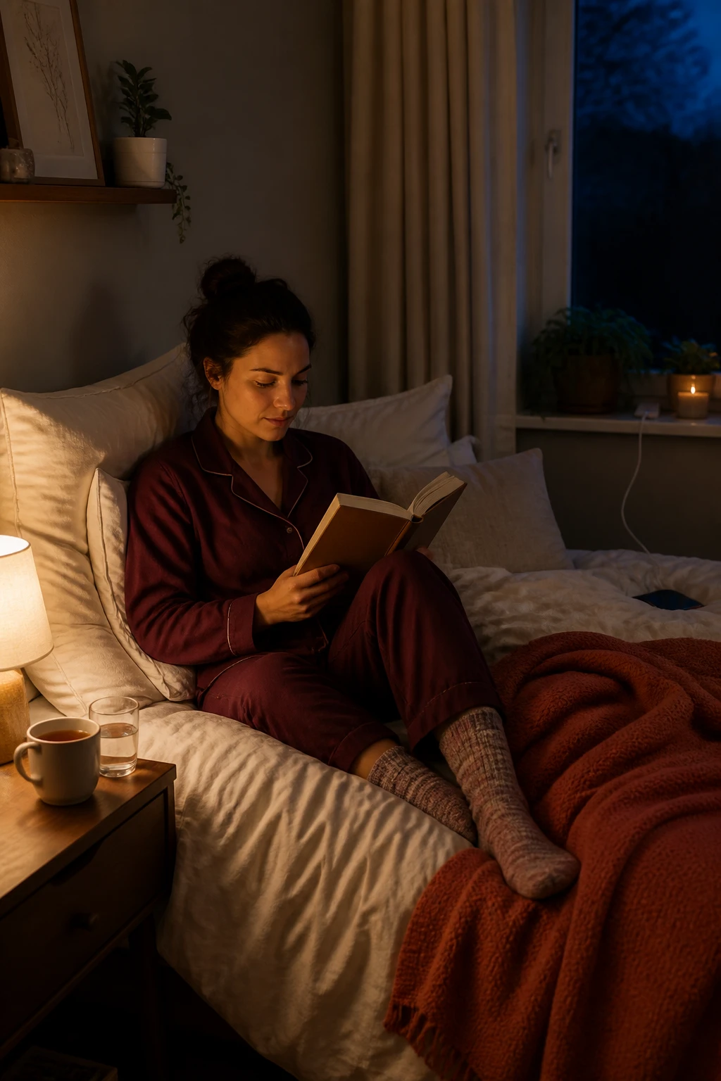 Image Prompt: A cinematic realistic photograph of a woman ending her fall Sunday in a calm bedroom, sitting against layered cream pillows while reading a paperback book, wearing soft burgundy pajamas and knitted socks, herbal tea and a glass of water on the wooden nightstand, smartphone charging across the room, skincare products already put away, warm bedside lamp and muted rust blanket, dark blue evening visible through the window, relaxed natural posture, believable fabric and lighting details, premium DSLR lifestyle photography, 50mm lens, no readable book title, no logos, no text.