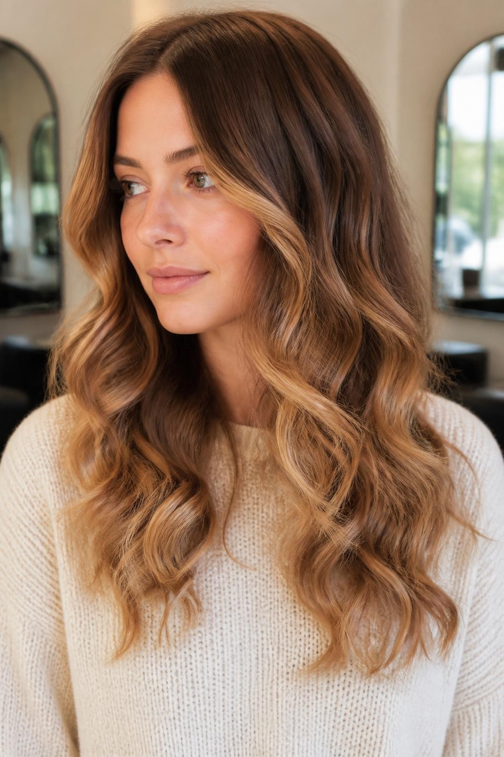 A realistic salon portrait of a woman with fair skin and long soft curls, warm medium-brown root base, caramel mid-lengths transitioning into muted golden pear-blonde tips on selected curls, lighter color placed unevenly around the lower perimeter rather than forming a straight dipped line, soft honey ribbons near the temples, darker inner curls retained, no lemon-yellow or platinum ends, loose layered shape, cream sweater, blurred salon mirrors, diffused daylight, realistic transition and visible curl definition.