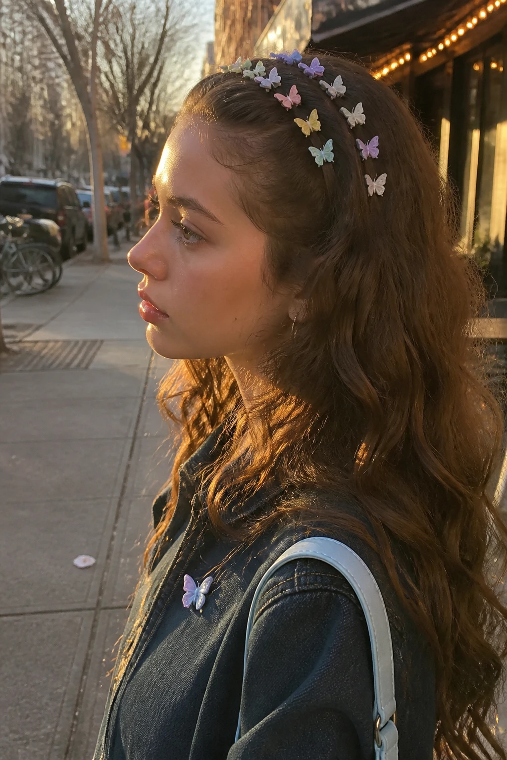 Image prompt
Photo of a woman wearing long curly hair with two neat rows of small pastel butterfly clips placed from the temples toward the crown, side profile view highlighting the clip pattern, softly blurred city street background, golden hour glow, containing a small lived-in detail such as glossy lips, a tiny shoulder bag, and one extra butterfly clip attached to her jacket collar, realistic candid Y2K-inspired photograph, latest iPhone photo quality.