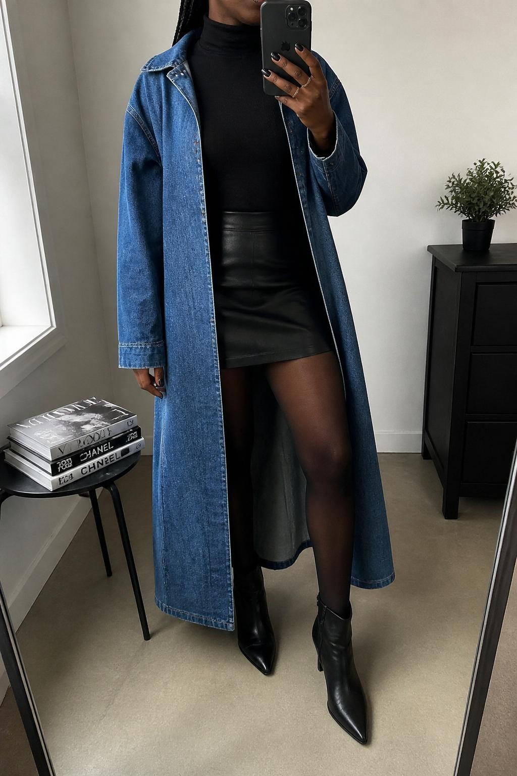 mirror selfie of a Black woman wearing a longline medium-wash denim coat, fitted black turtleneck, black faux leather mini skirt, sheer black tights, black ankle boots, and narrow brown tinted sunglasses, clearly showing the same clothing items, colors, fabrics, and accessories listed in the Outfit Pieces section, holding a phone in front of a mirror, cropped at NECK so the face does not show, with a relaxed casual selfie pose, in a minimal dressing room, natural window light, including a stack of fashion magazines on a side table and a small plant on a dresser, latest iPhone photo quality.