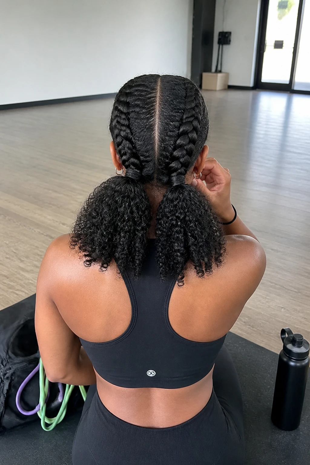 Image prompt
Photo of a Black woman wearing two neat Dutch braids beginning at the hairline and ending in full curly ponytails at the nape, back-of-head view highlighting the secure braid pattern and natural curl texture, inside a bright indoor training studio, soft overhead lighting, containing a small lived-in detail such as resistance bands near a sports bag, a water bottle on the floor, and a spare elastic around her wrist, realistic pre-training moment, latest iPhone photo quality.