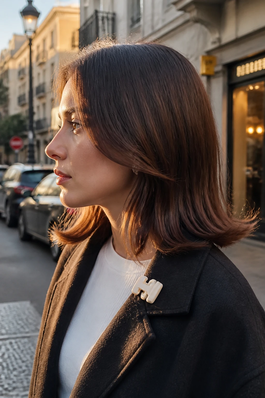 Image prompt
Photo of a woman wearing shoulder-length straight hair with smooth roots and softly flipped-out ends, side profile view highlighting the outward shape, standing against a softly blurred city street background, golden hour glow, containing a small lived-in detail such as a hair clip clipped to her jacket collar and small earrings peeking through, realistic candid photograph, latest iPhone photo quality.