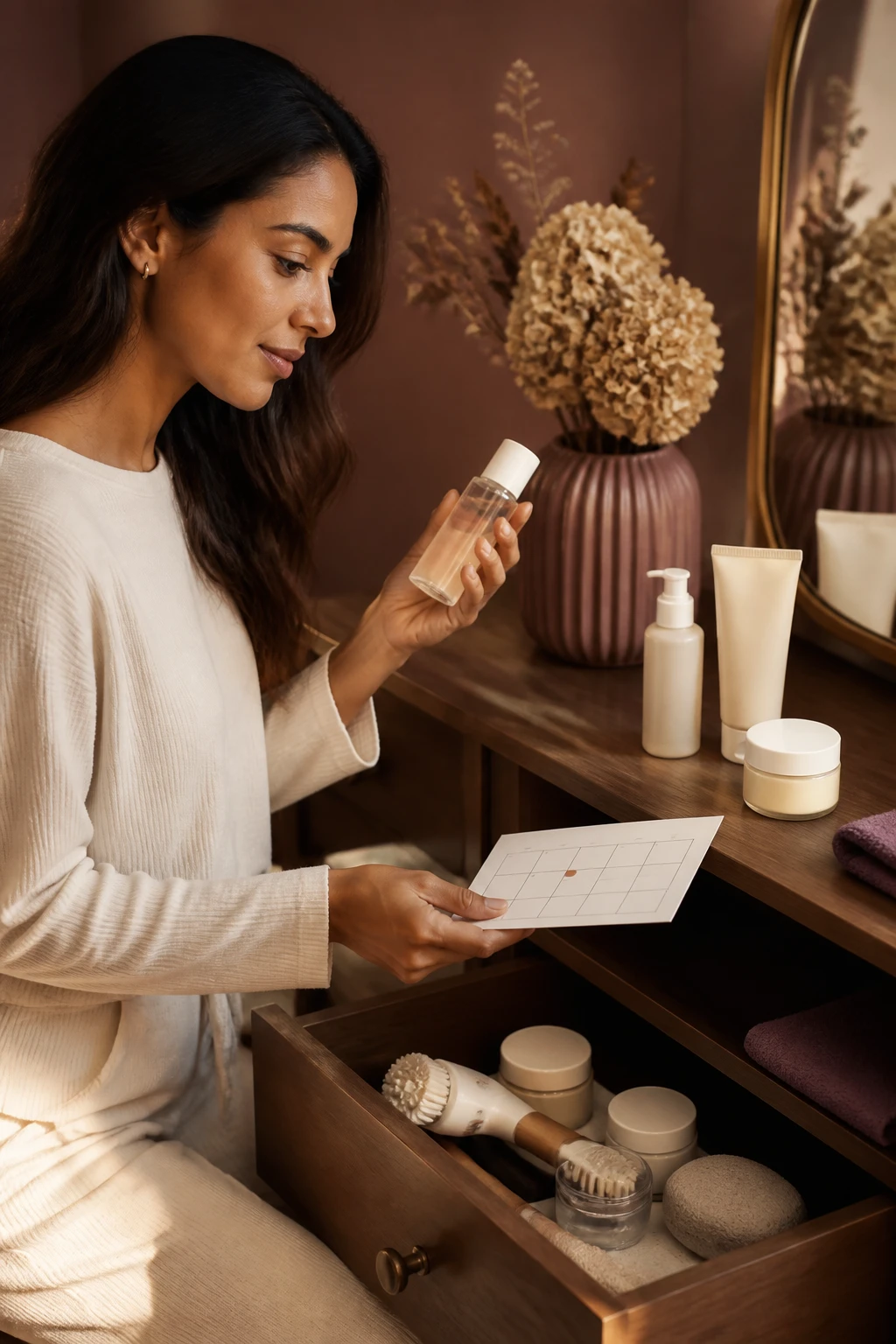 Image Prompt: A realistic editorial beauty photograph of a woman reviewing a simple weekly exfoliation plan at her vanity, holding one mild liquid exfoliant while several harsh scrubs and cleansing brushes have been moved into a closed storage drawer, smooth but naturally textured light-brown skin, softly waved dark hair, cream long-sleeved lounge top, gentle cleanser, moisturizer and sunscreen arranged as the main routine, small paper calendar with one evening subtly marked but no readable words, warm low fall sunlight, beige, muted plum and walnut palette, DSLR skincare photography, 50mm lens, no product logos, no text.