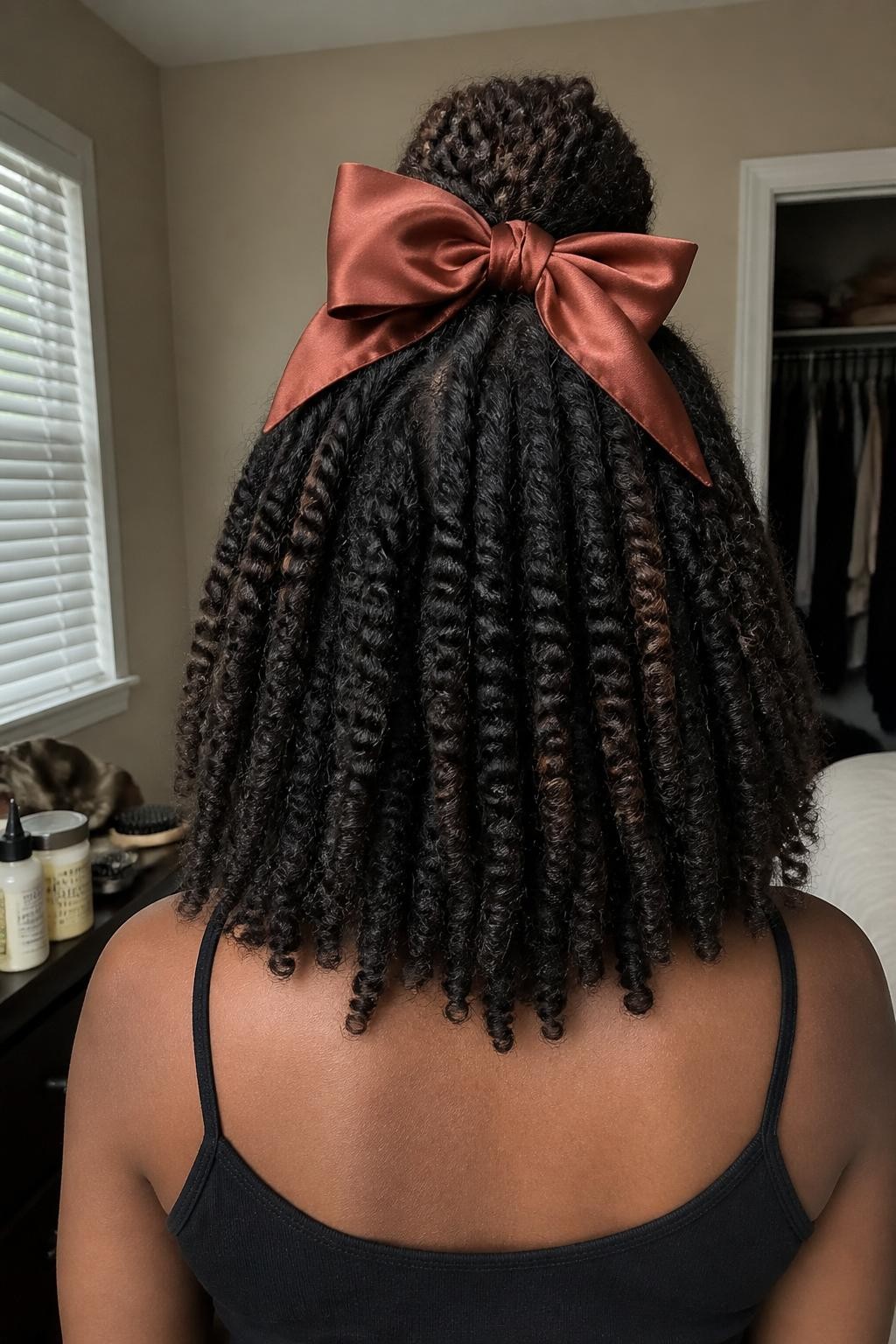 Photo of a Black woman wearing a shoulder-length twist-out with defined bends, fluffy ends, and the upper section gathered into a half-up ponytail finished with an oversized cinnamon-colored satin bow, back-of-head view in a softly lit bedroom, natural window light, twisting cream and hair oil on the dresser, silk bonnet resting beside a hairbrush and a slightly open closet behind her, realistic soft frizz and natural volume, latest iPhone photo quality.