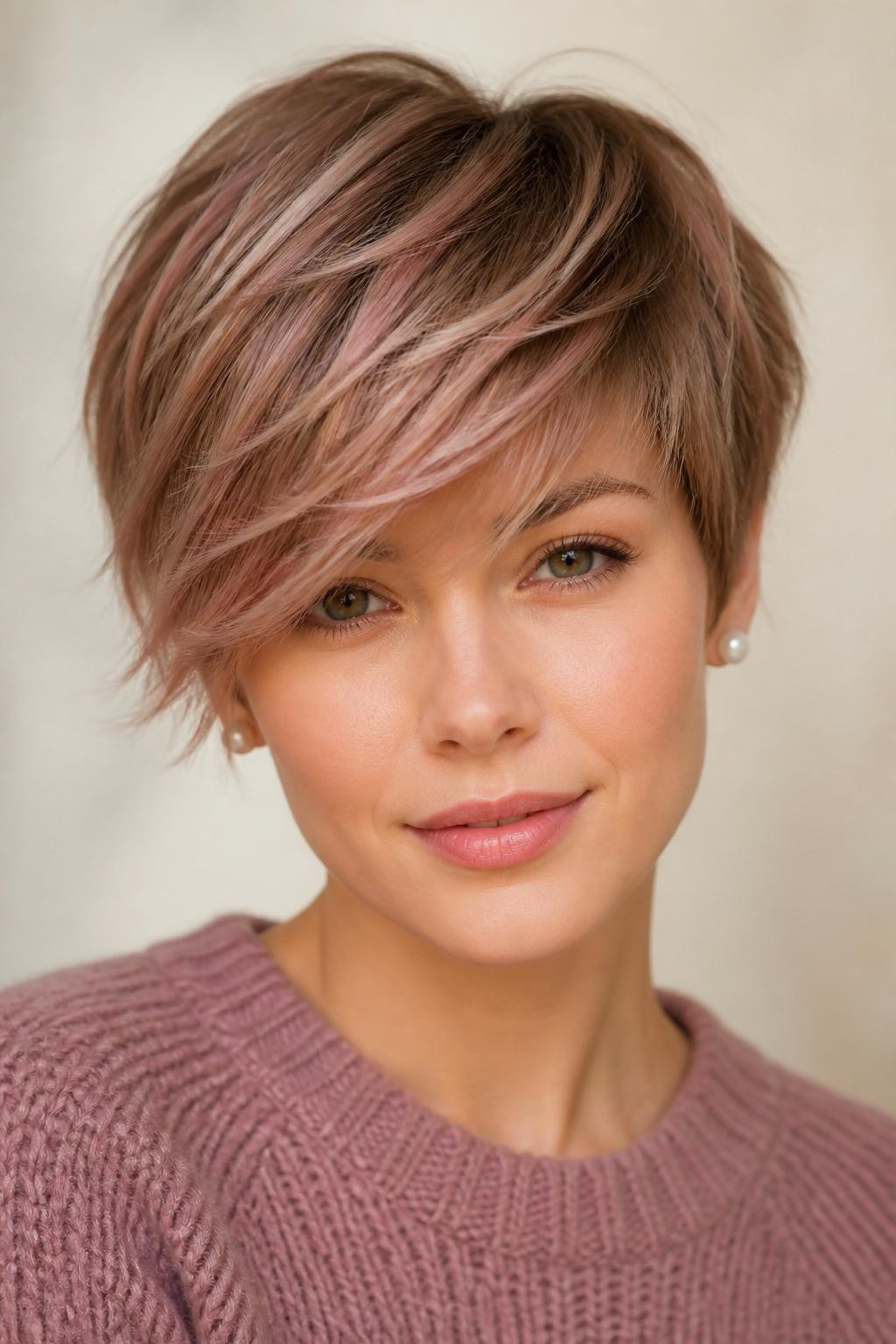 A realistic beauty portrait of a woman with fair skin wearing a long-fringe pixie, muted rosewood-brown roots, dusty strawberry-beige mid-lengths, soft blush-bronze ends, mushroom-beige lowlights through the interior crown, pale rose-gold pieces concentrated in the sweeping fringe, no vivid pink, magenta, or bright copper, lightly tousled texture, mauve knit top, pearl studs, soft cream studio background, diffused autumn daylight, realistic tonal blending and matte-satin finish.