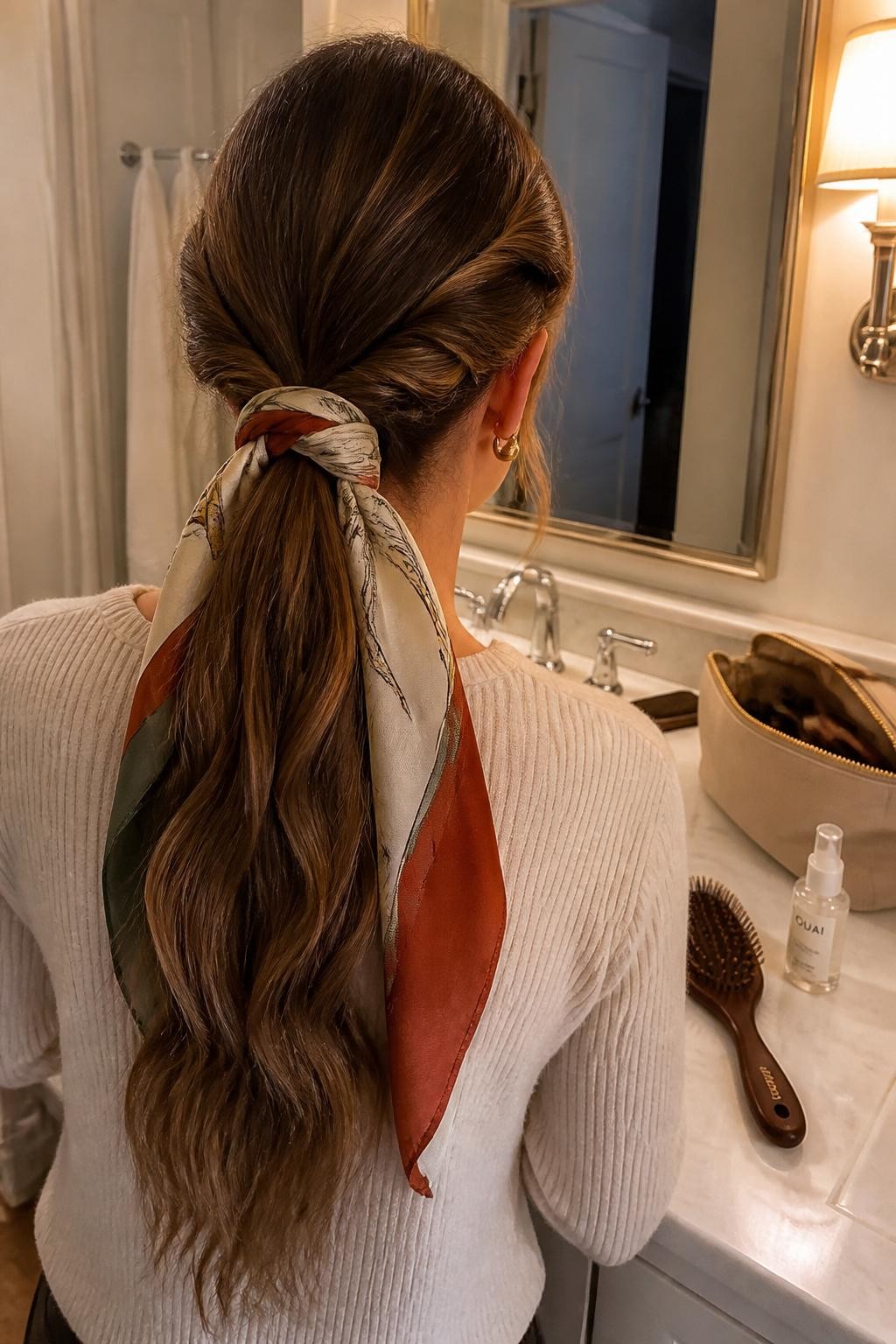 Photo of a woman wearing waist-length hair styled into a low ponytail with two softly twisted side sections wrapped over the base and a rust, cream, and olive silk scarf tied beneath it, back-of-head view at a bathroom vanity mirror, warm soft indoor lighting, hairbrush and smoothing serum on the counter beside an open makeup bag, one gold earring peeking through and natural texture through the ponytail, latest iPhone photo quality.