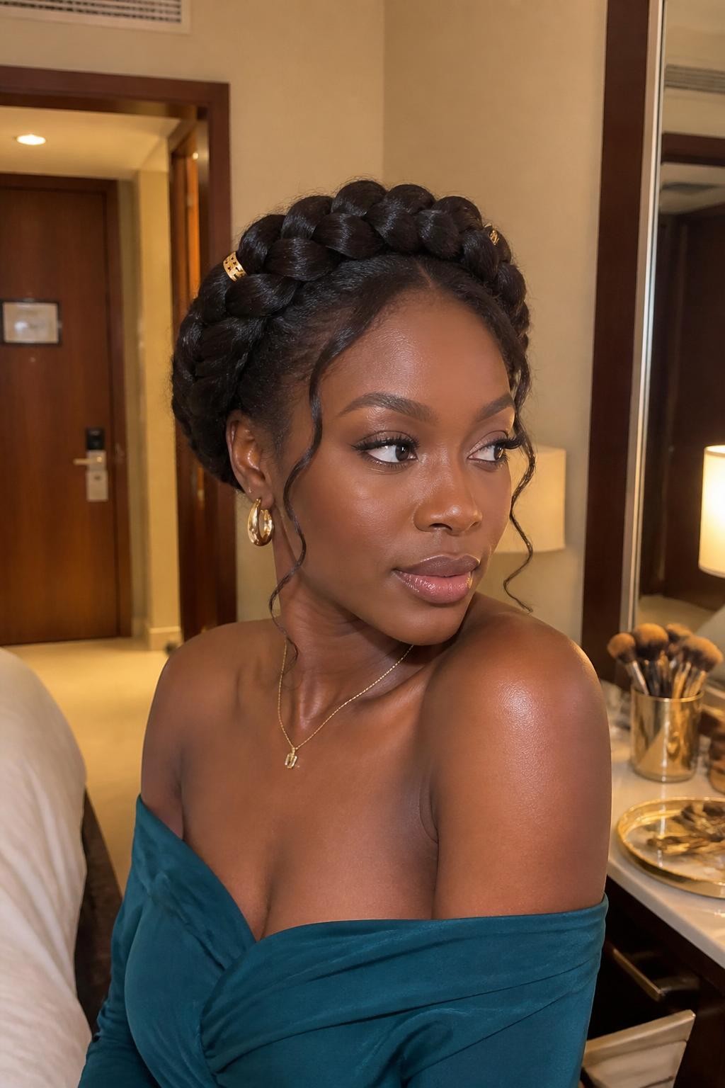 Photo of a Black woman wearing a full halo braid wrapped around the crown with subtle texture, two soft curly tendrils framing her face, and a few tiny bronze cuffs woven into the braid, three-quarter side view in a softly lit hotel room, warm golden lighting, edge brush and bronze accessories on the vanity, deep teal off-shoulder dress visible, realistic natural texture and latest iPhone photo quality.