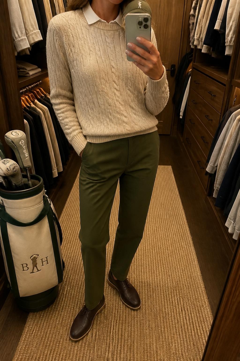 Mirror selfie of a woman wearing an oatmeal lightweight cable-knit crew-neck sweater layered over a white collared golf polo, olive green straight-leg golf pants, dark brown leather golf shoes with spikeless soles, and a structured olive cap, clearly showing the exact clothing items, colors, textures, and accessories listed, holding a latest-model iPhone in front of a mirror, cropped at the neck so the face does not show, relaxed casual selfie pose, in a walk-in closet mirror with warm moody lighting, an open closet with clothes visible and a golf tote resting on the floor, natural uncluttered setting, latest iPhone photo quality.