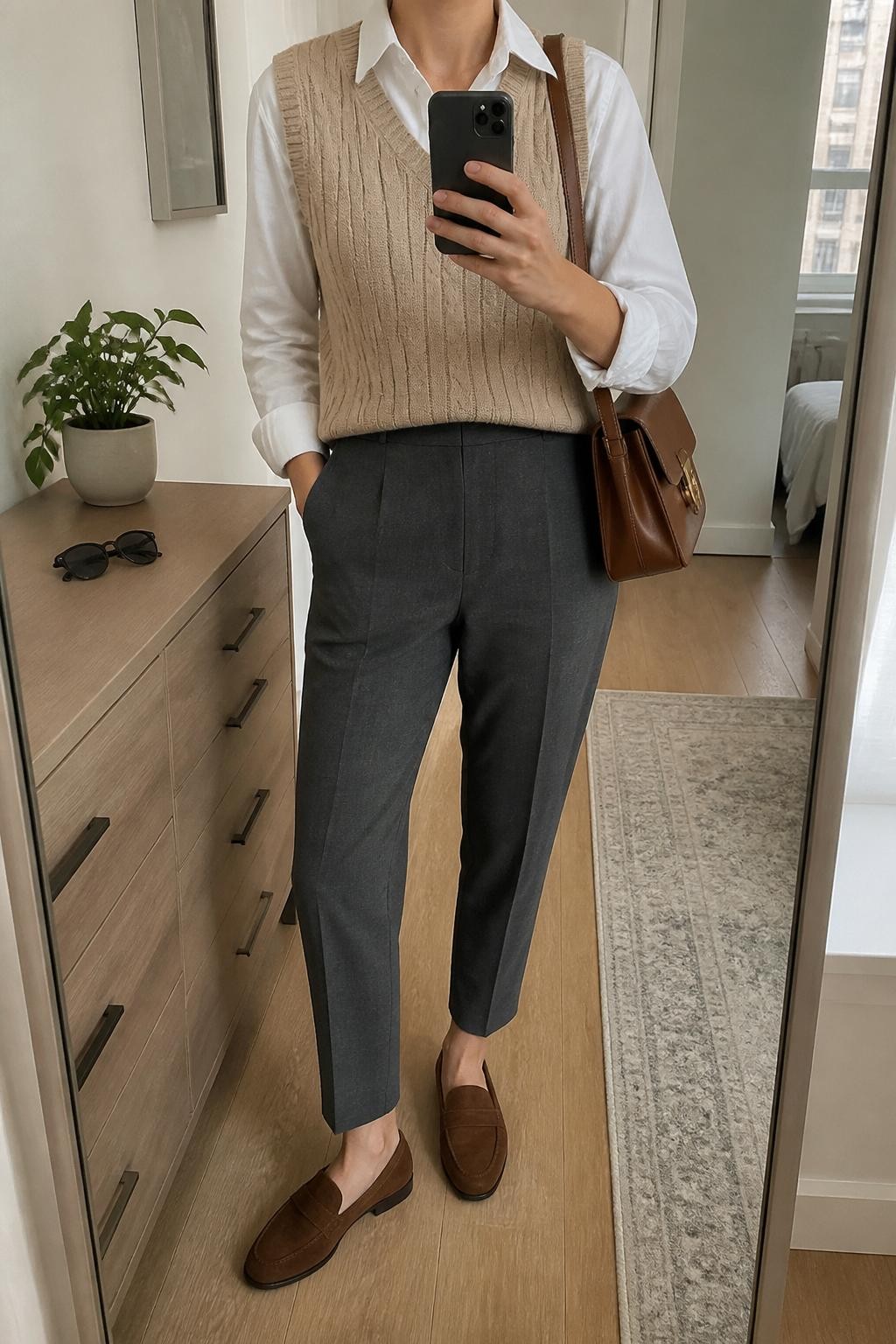 mirror selfie of a woman wearing a beige cable-knit sweater vest, white poplin shirt, dark gray tailored ankle pants, brown suede loafers, and brown leather satchel, clearly showing the same clothing items, colors, fabrics, and accessories listed in the Outfit Pieces section, holding a phone in front of a mirror, cropped at NECK so the face does not show, with a relaxed casual selfie pose, in a stylish city apartment, soft indoor lighting, including a small plant on a dresser and sunglasses placed on a dresser, latest iPhone photo quality.