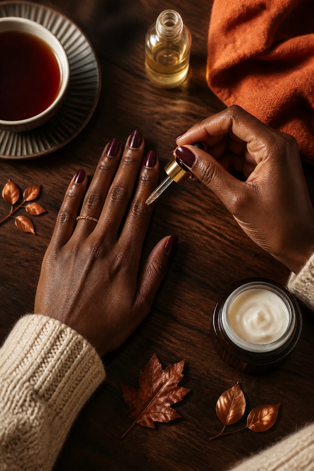 Image Prompt: A detailed overhead beauty photograph of a Black woman’s hands completing a fall nail-care routine on a dark walnut table, deep brown skin, short almond-shaped nails painted a glossy muted oxblood shade, clear cuticle oil being brushed around the nail edges while rich hand cream sits open nearby, cream knit sleeves, gold ring, rust linen, warm tea, and small copper leaves arranged naturally, soft golden window light, highly realistic nail, oil, skin, and fabric textures, premium DSLR manicure editorial photography, 100mm macro lens, no product labels, no text.