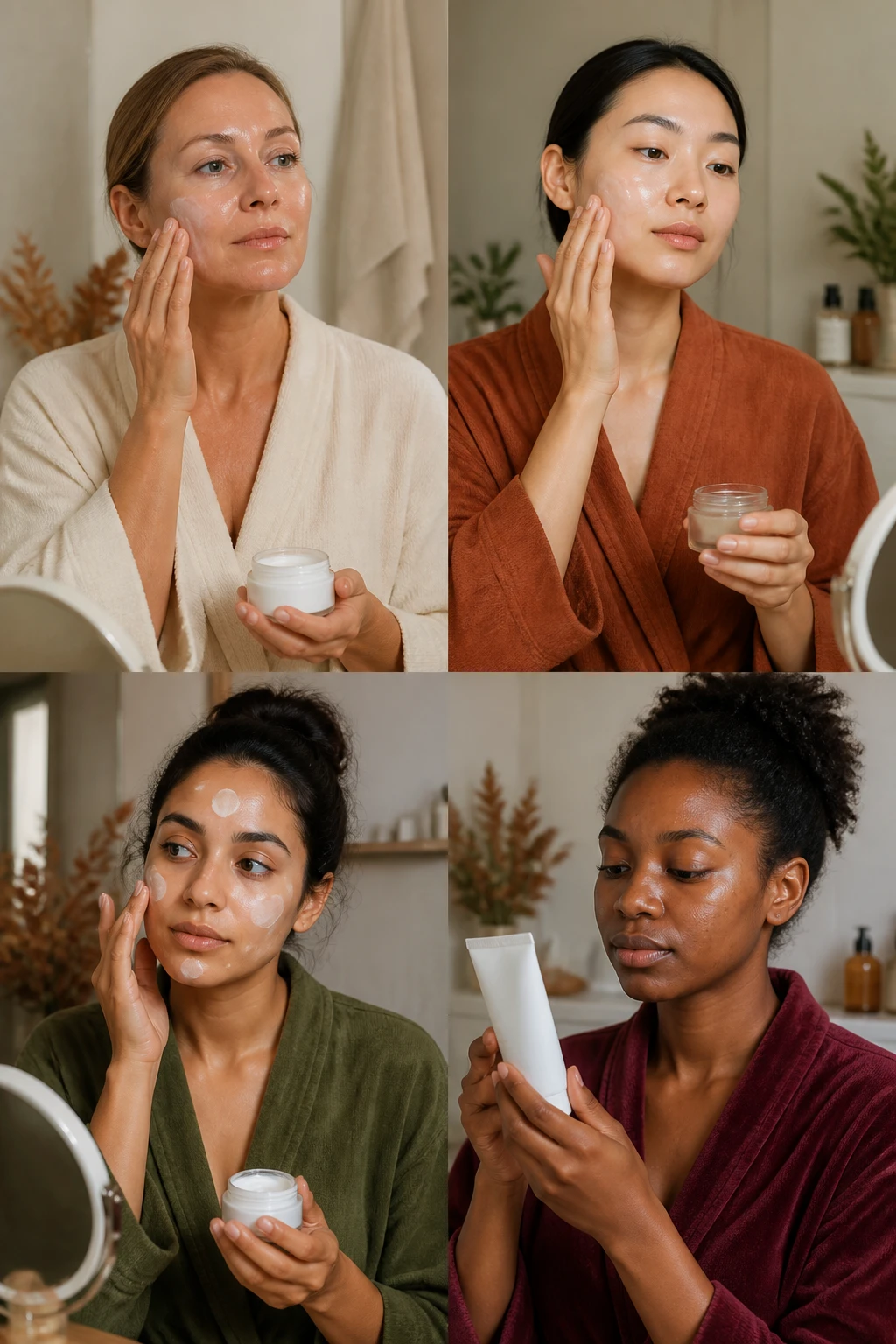 Image Prompt: A high-end realistic skincare campaign photograph of four women with different skin tones and visible skin types standing at separate fall bathroom vanities, one with dry skin applying rich cream, one with oily skin using a light gel moisturizer, one with combination skin applying different amounts by facial area, and one with sensitive skin reading a fragrance-free label, women wearing coordinated cream, rust, olive, and burgundy robes, natural unretouched pores, subtle shine, and realistic dry areas visible, warm diffused studio daylight, plain unbranded products, premium DSLR beauty photography, 70mm lens, no text.