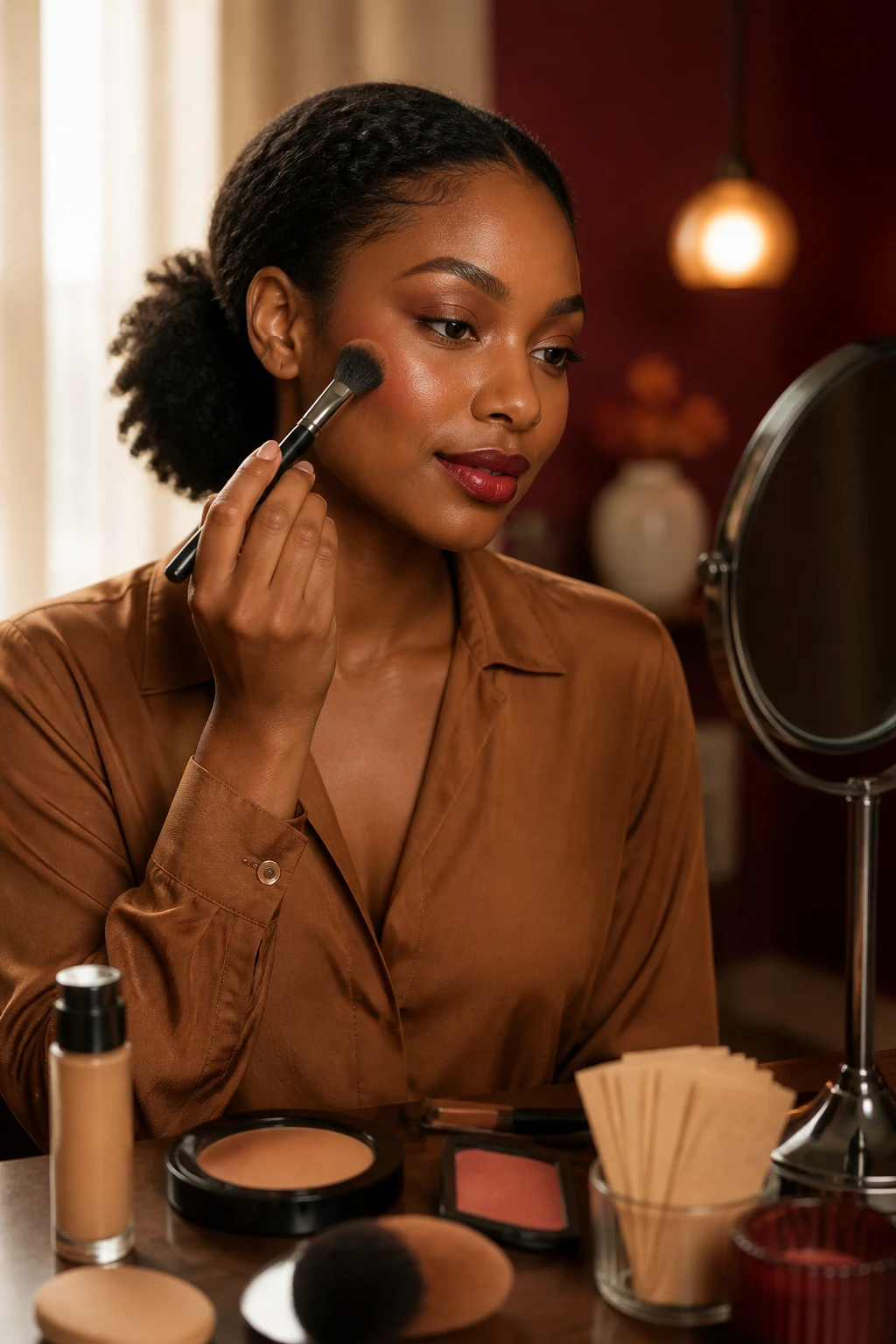 Image Prompt: A polished realistic beauty photograph of a Black woman with warm brown skin applying fall makeup designed for oily skin at a softly lit vanity, natural skin prepared with lightweight moisturizer and sunscreen, thin water-based foundation being blended only where needed, soft cinnamon-brown eyeshadow, muted berry blush, defined brows, and satin brown-red lips, oil-free makeup products, clean brush, powder puff, and blotting papers arranged nearby, woman wearing a camel blouse with natural curls in a low puff, warm window light, cream and burgundy background, editorial DSLR beauty photography, 85mm lens, no product labels, no text.