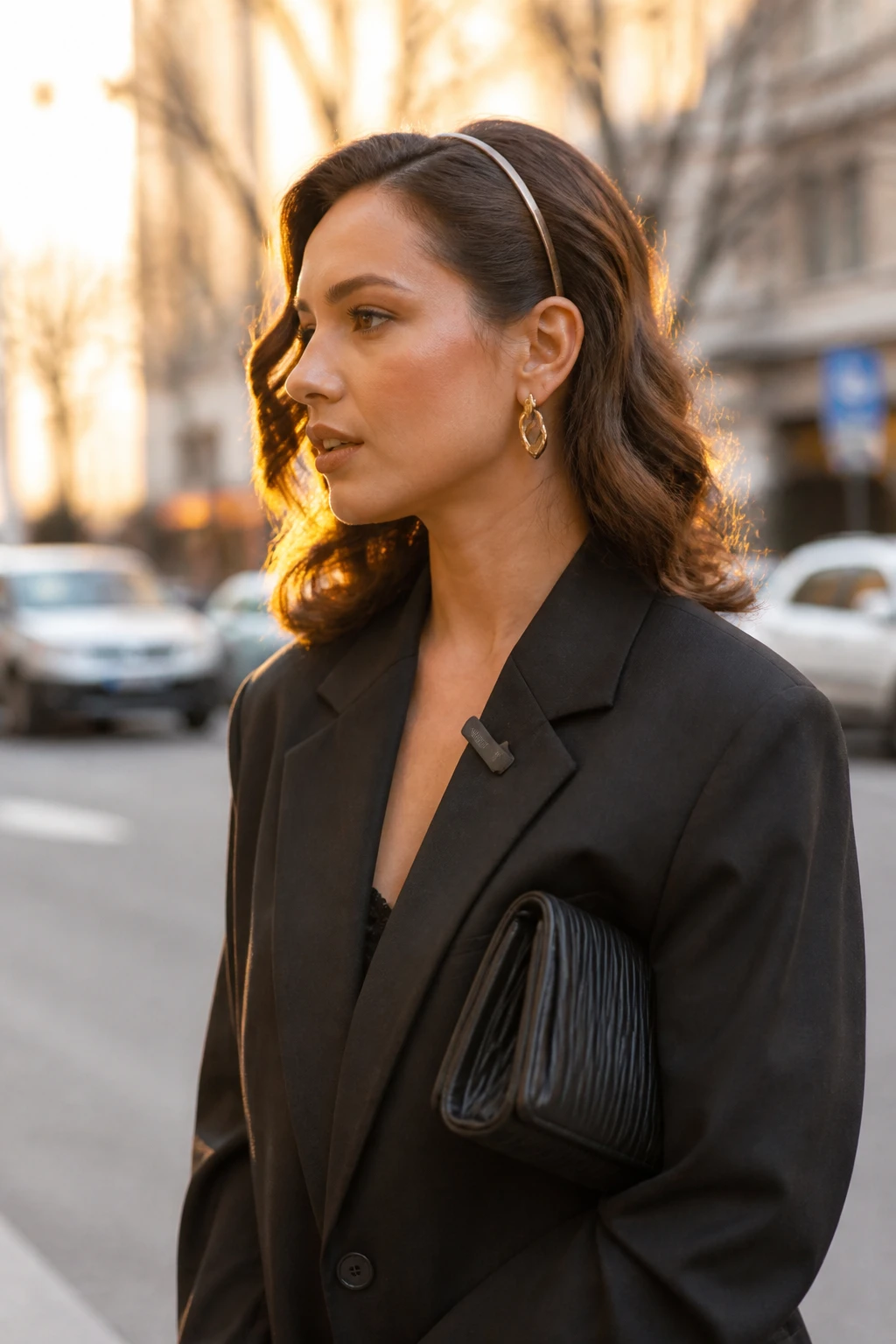 Image prompt

Photo of a woman wearing shoulder-length curls with one side pinned behind the ear, a thin metallic headband, and full curls sweeping across the opposite side, side profile view against a softly blurred city street background, golden hour glow, containing a small lived-in detail such as sculptural earrings, a small clip attached to her jacket collar, and a clutch tucked beneath her arm, realistic candid photograph, latest iPhone photo quality.