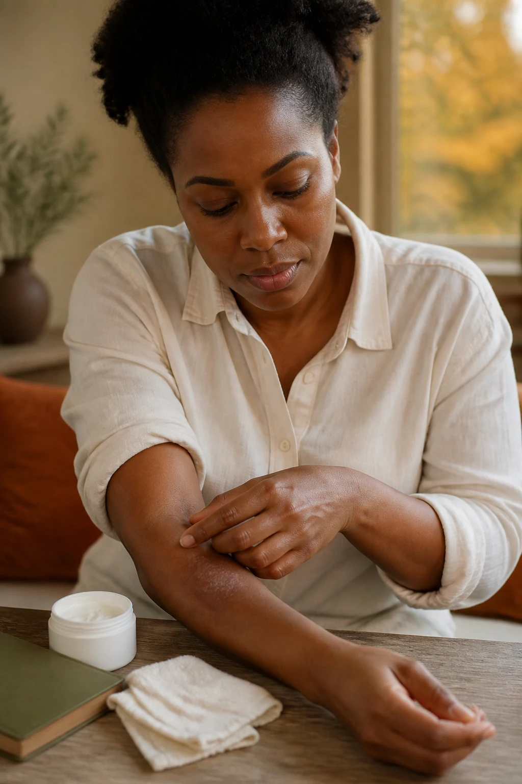 Image Prompt: A realistic educational dermatology-style photograph of a Black woman with deep brown skin examining a small irritated patch along her forearm in natural daylight, patch appearing dark brown to gray-purple with fine scaling rather than bright red, no extreme or graphic symptoms, woman wearing a loose cream cotton shirt with sleeves rolled gently back, fragrance-free moisturizer and clean cotton cloth nearby, dermatologist reference booklet closed on the table, warm fall interior with olive and rust accents, highly realistic skin texture and subtle discoloration, respectful DSLR healthcare editorial photography, 85mm lens, no readable medical text, no logos.