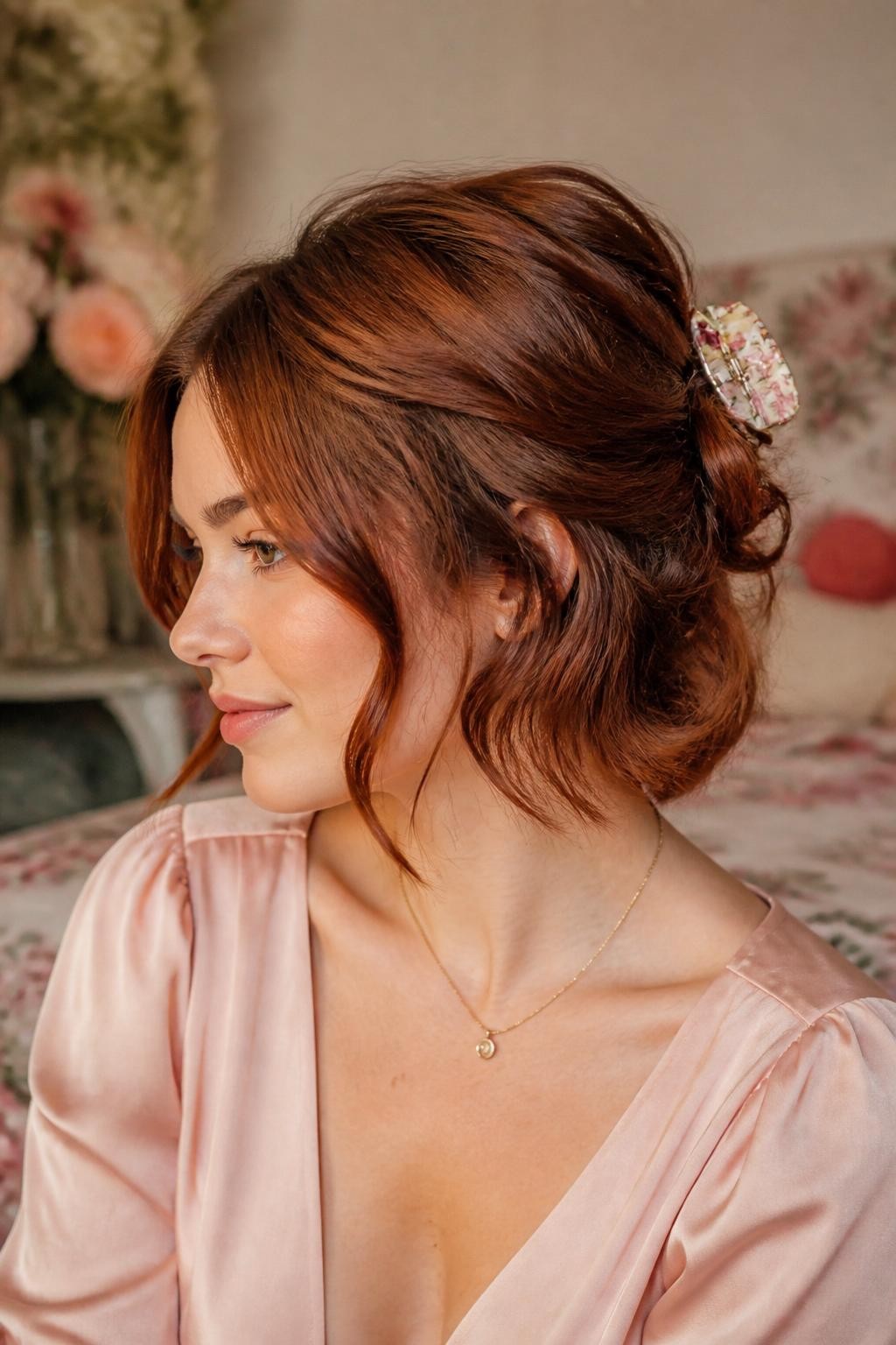 A realistic romantic beauty photo of a woman with short auburn bob hair styled into a loose twist secured with a floral claw clip, soft curled tendrils around the cheeks and nape, front three-quarter angle, satin blush blouse, delicate necklace, softly blurred floral bedroom background, warm glowy lighting, feminine hairstyle inspiration, high-resolution DSLR photo, no text, (no watermarks on images)