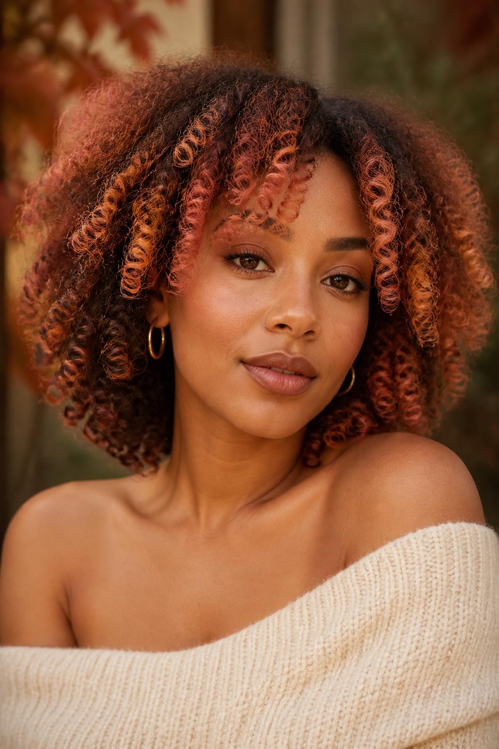 A realistic close-up portrait of a Black woman with warm medium-brown skin and rounded shoulder-length natural curls, cinnamon peach strawberry blonde color, deep cinnamon-brown natural roots, warm strawberry-blonde paint applied to selected outer curls, muted peach-copper ribbons concentrated around the temples and cheekbones, brighter apricot-gold tips on a few curls, darker inner coils fully preserved for depth, defined texture with natural frizz, no uniform orange coating, cream off-shoulder knit top, small gold hoops, blurred rust and olive background, gentle autumn daylight, precise curl-by-curl color placement, realistic skin texture.